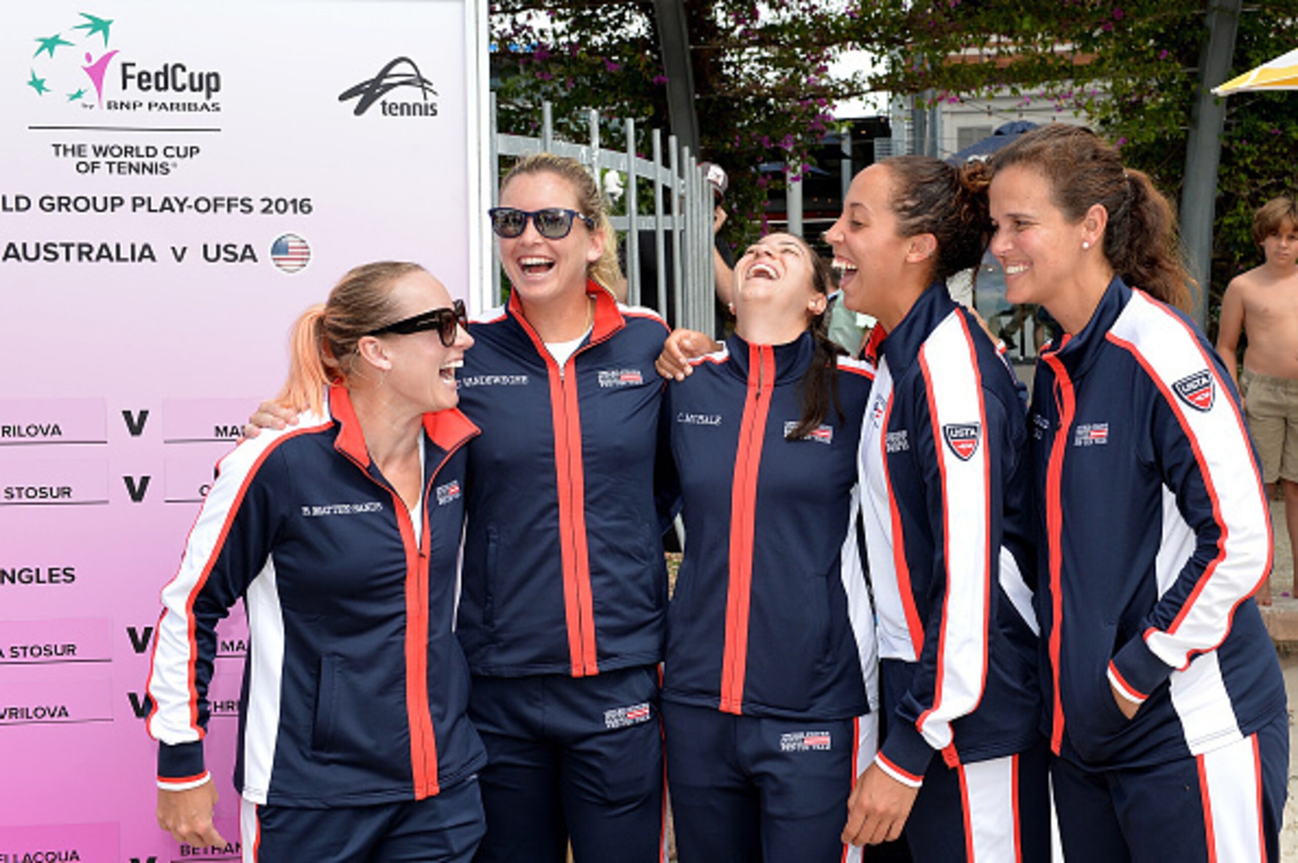 Bethanie Mattek-Sands, Coco Vandeweghe, Christina McHale and Madison Keys join coach Mary Jo Fernandez (far right) at a 2015 Fed Cup tie in Australia.