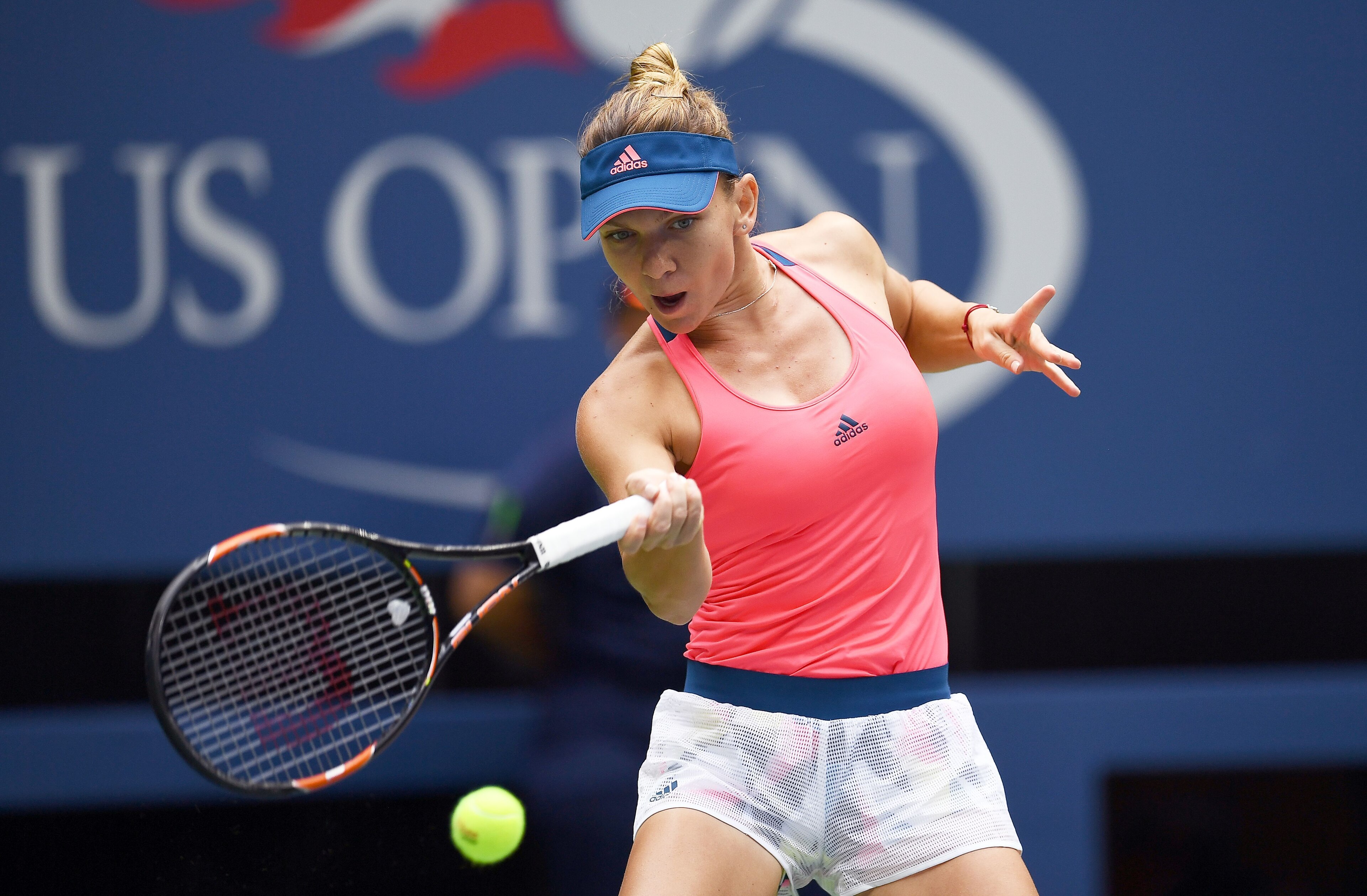 Simona Halep hits a forehand during her opening-round match at the 2016 U.S. Open.