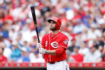 CINCINNATI, OH - JUNE 29: Jose Peraza #9 of the Cincinnati Reds looks on before batting against the Chicago Cubs during the game at Great American Ball Park on June 29, 2016 in Cincinnati, Ohio. The Cubs defeated the Reds 9-2. (Photo by Joe Robbins/Getty 