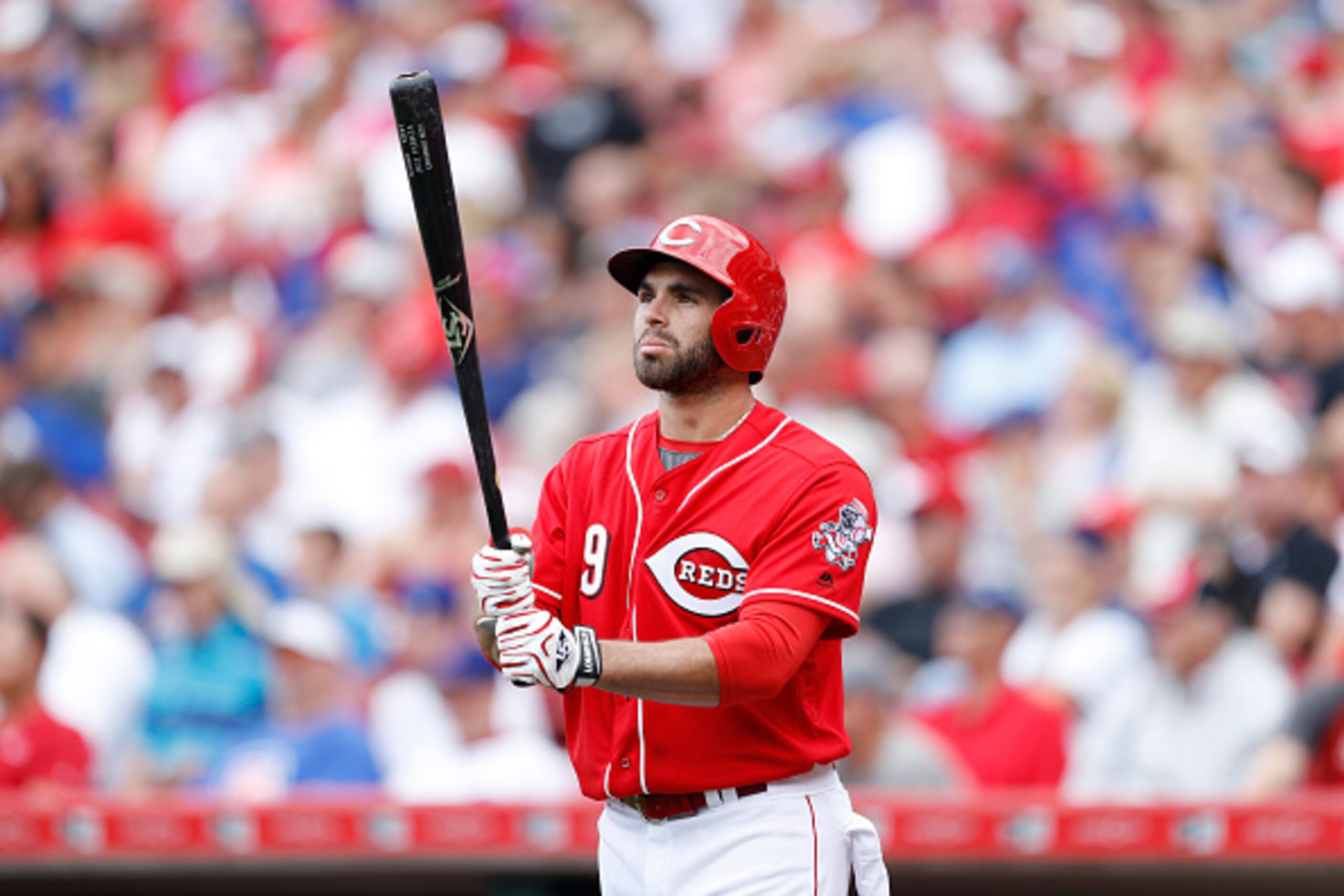CINCINNATI, OH - JUNE 29: Jose Peraza #9 of the Cincinnati Reds looks on before batting against the Chicago Cubs during the game at Great American Ball Park on June 29, 2016 in Cincinnati, Ohio. The Cubs defeated the Reds 9-2. (Photo by Joe Robbins/Getty 