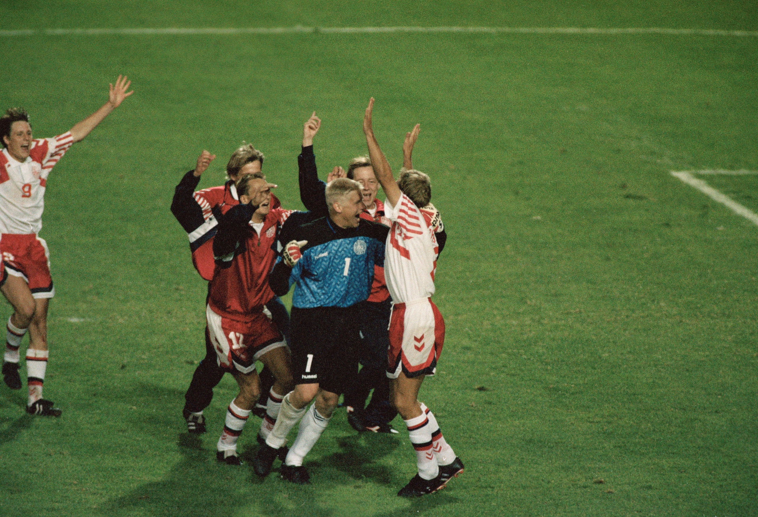 Denmark celebrate getting to the final of Euro 1992.