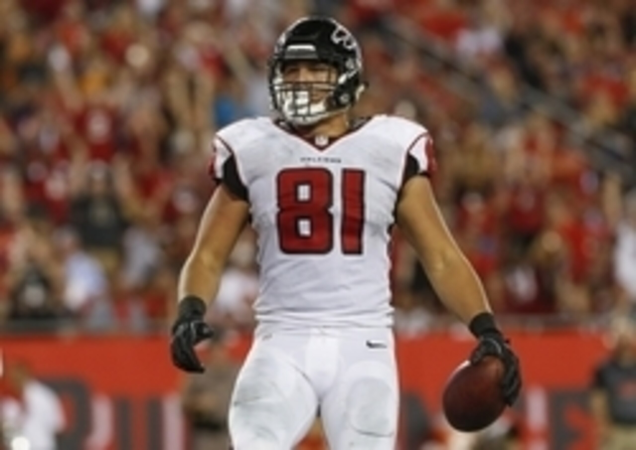 Nov 3, 2016; Tampa, FL, USA;  Atlanta Falcons tight end Austin Hooper (81) runs into the end zone for a touchdown during the second half of a  football game against the Tampa Bay Buccaneers at Raymond James Stadium. The Falcons won 43-28. Mandatory Credit