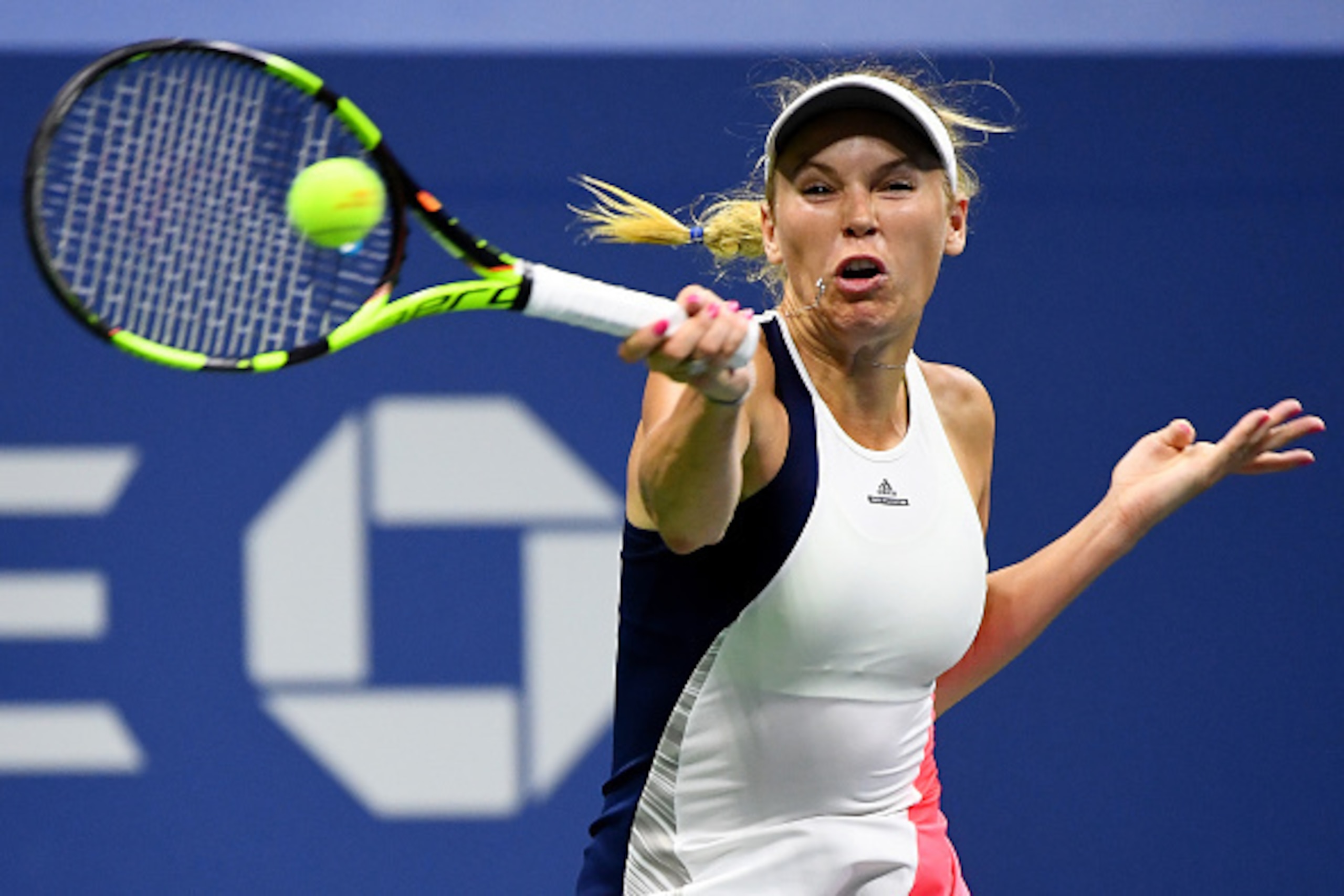 Wozniacki hits a forehand during her quarterfinal match at the U.S. Open.