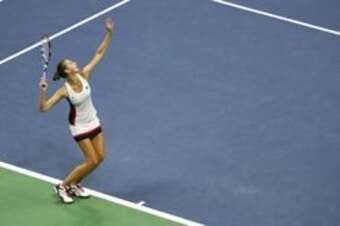 Karolina Pliskova serves during a match at the U.S. Open.