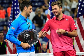 Novak Djokovic and Stan Wawrinka during the trophy presentation after the men's final at the 2016 U.S. Open.