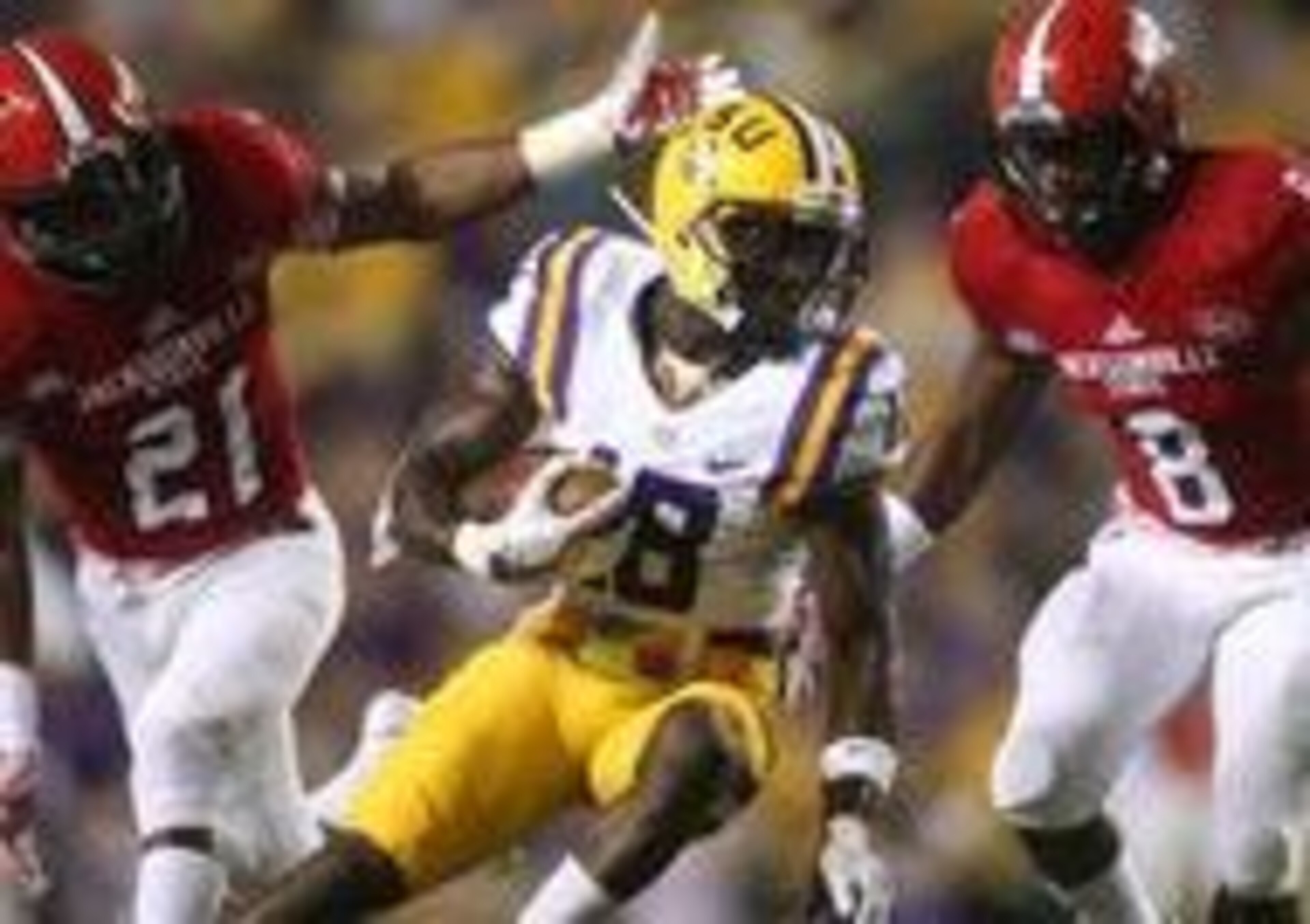 Sep 10, 2016; Baton Rouge, LA, USA; LSU Tigers cornerback Tre'Davious White (18) carries the ball between Jacksonville State Gamecocks safety Delwyn Torbert (21) and safety Ra'Shad Green (8) as he carries the ball in the first quarter at Tiger Stadium. M Sep 10, 2016; Baton Rouge, LA, USA; LSU Tigers cornerback Tre'Davious White (18) carries the ball between Jacksonville State Gamecocks safety Delwyn Torbert (21) and safety Ra'Shad Green (8) as he carries the ball in the first quarter at Tiger Stadium. M