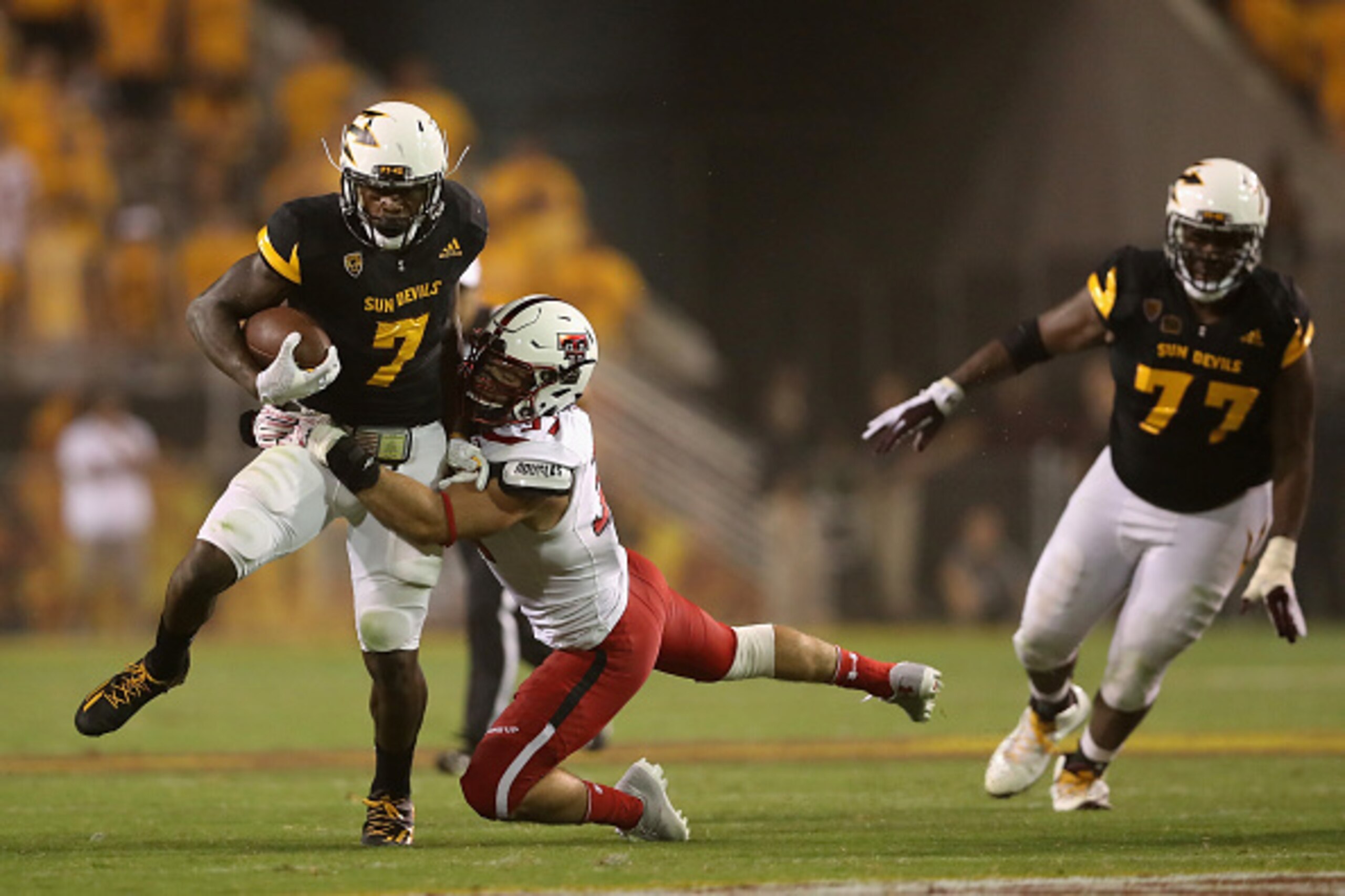 TEMPE, AZ - SEPTEMBER 10:  Running back Kalen Ballage #7 of the Arizona State Sun Devils rushes the football against the Texas Tech Red Raiders during the second half of the college football game at Sun Devil Stadium on September 10, 2015 in Tempe, Arizon