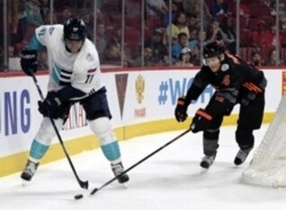 Anze Kopitar, left, of Team Europe during a World Cup exhibition game against Team North America.