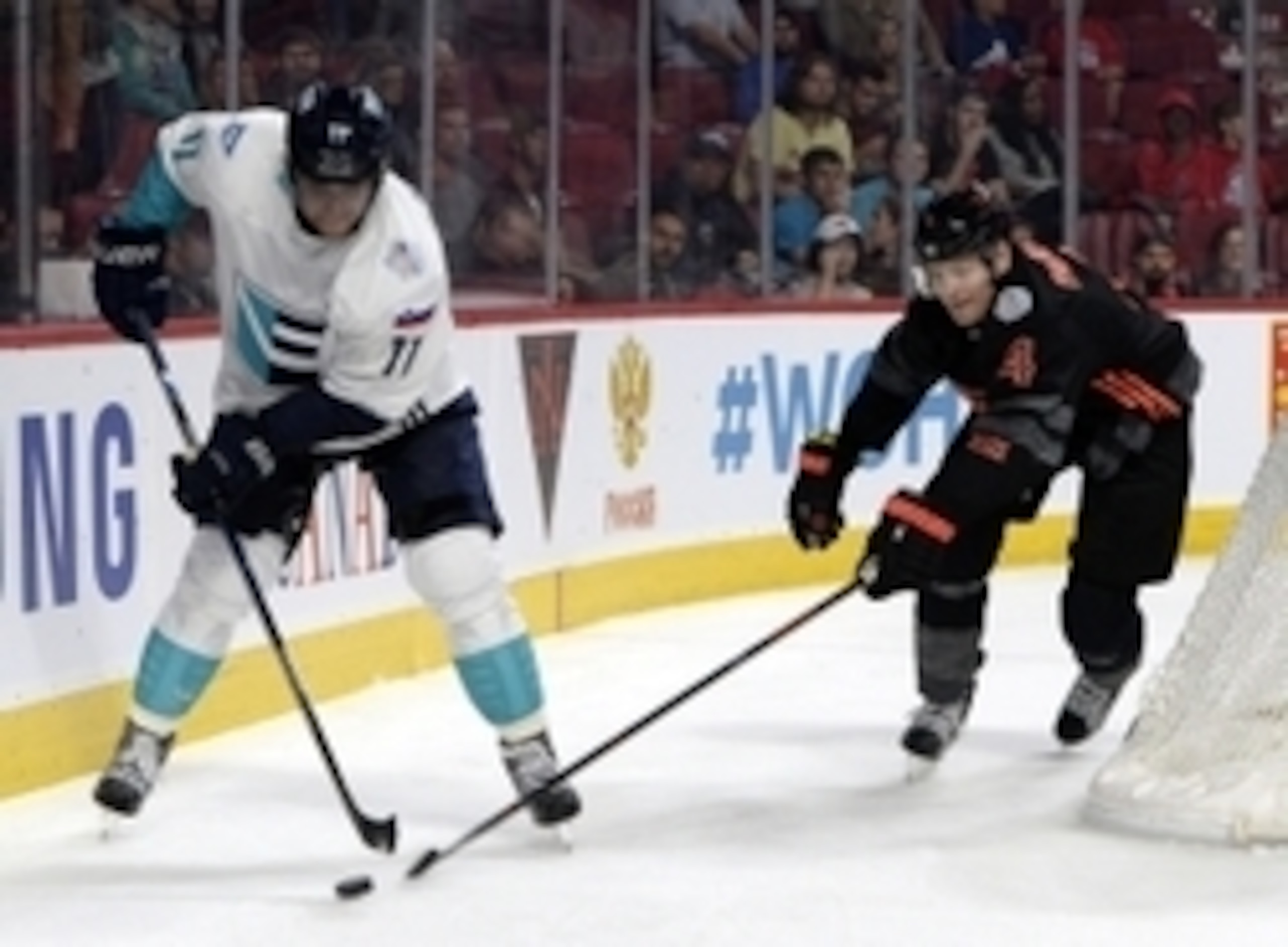 Anze Kopitar, left, of Team Europe during a World Cup exhibition game against Team North America.