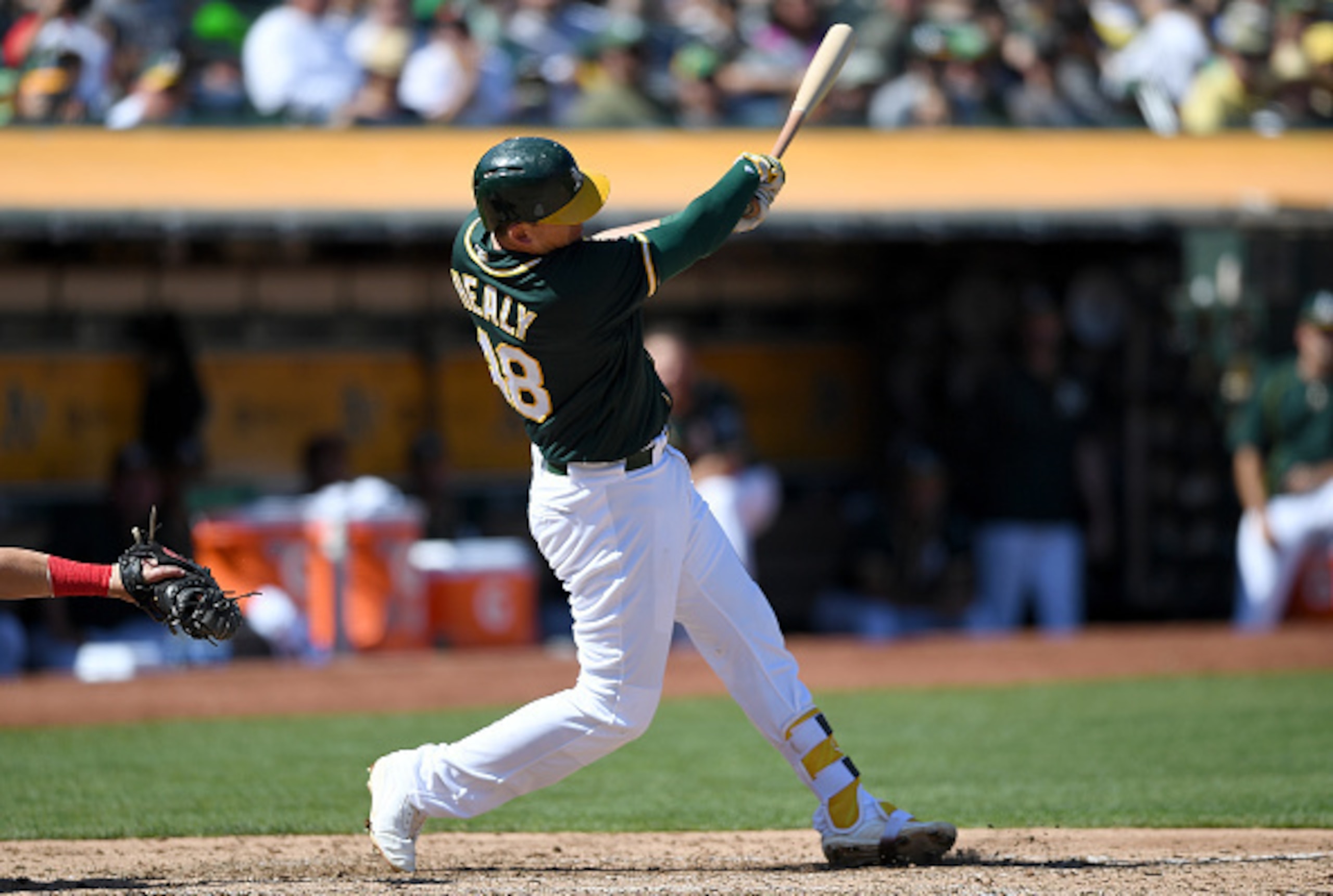 OAKLAND, CA - SEPTEMBER 05:  Ryon Healy #48 of the Oakland Athletics bats against the Los Angeles Angels of Anaheim in the bottom of the fourth inning at Oakland-Alameda County Coliseum on September 5, 2016 in Oakland, California.  (Photo by Thearon W. He