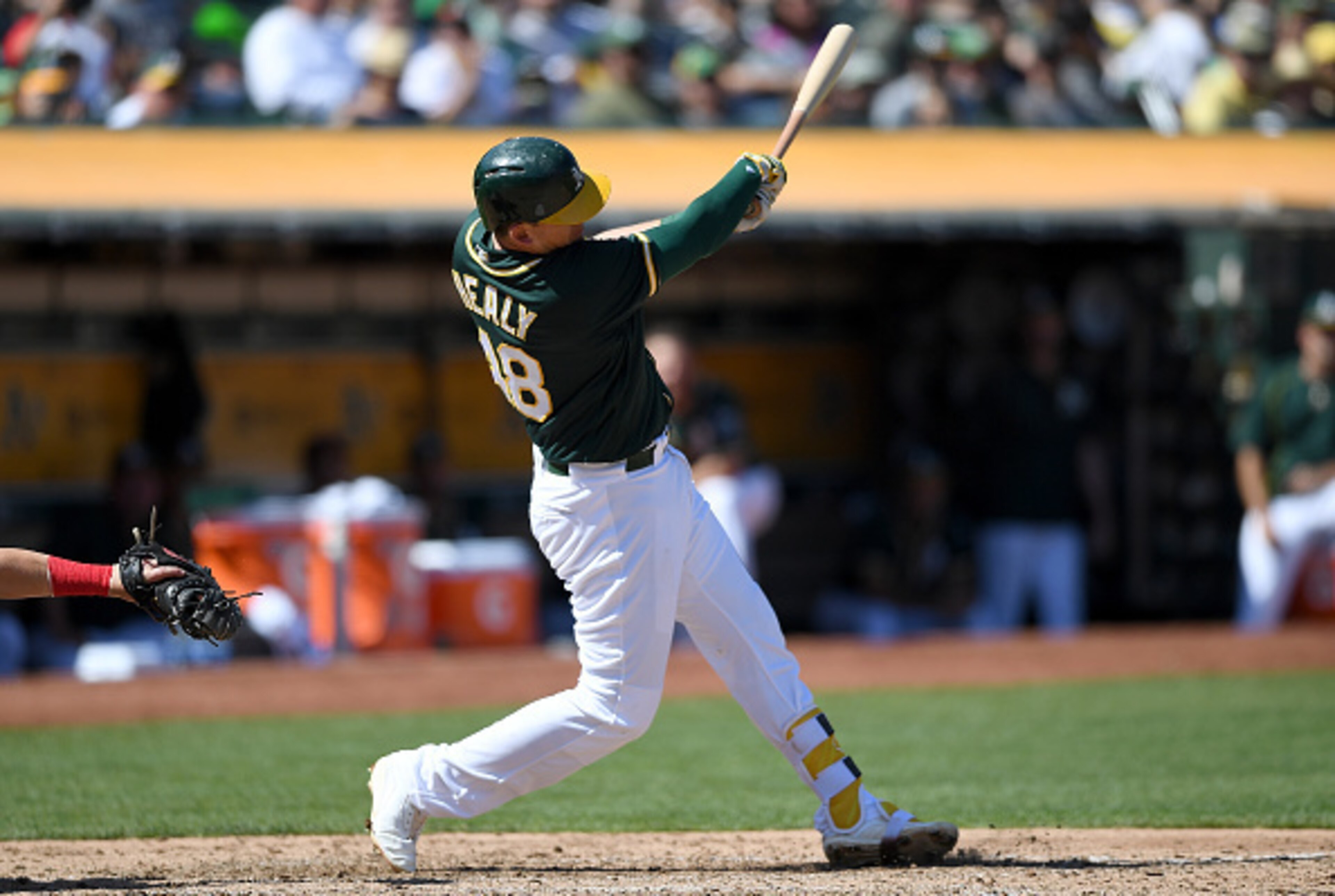 OAKLAND, CA - SEPTEMBER 05:  Ryon Healy #48 of the Oakland Athletics bats against the Los Angeles Angels of Anaheim in the bottom of the fourth inning at Oakland-Alameda County Coliseum on September 5, 2016 in Oakland, California.  (Photo by Thearon W. He