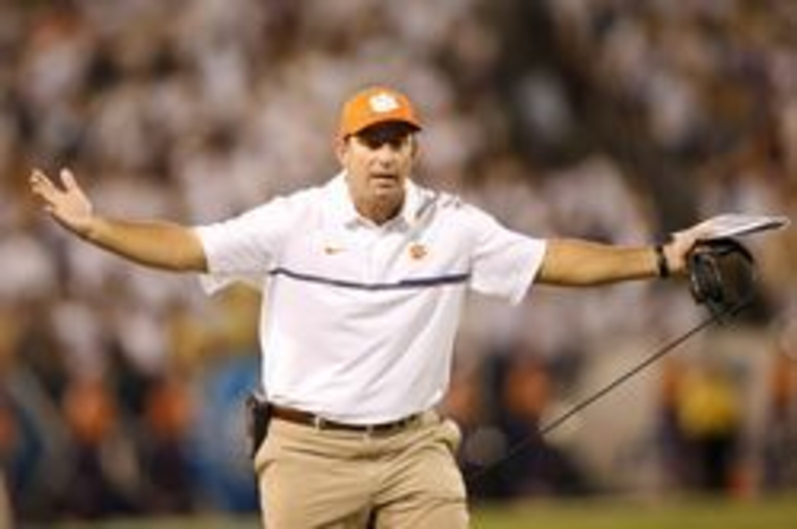 Sep 22, 2016; Atlanta, GA, USA; Clemson Tigers head coach Dabo Swinney reacts against the Georgia Tech Yellow Jackets in the second quarter at Bobby Dodd Stadium. Mandatory Credit: Brett Davis-USA TODAY Sports