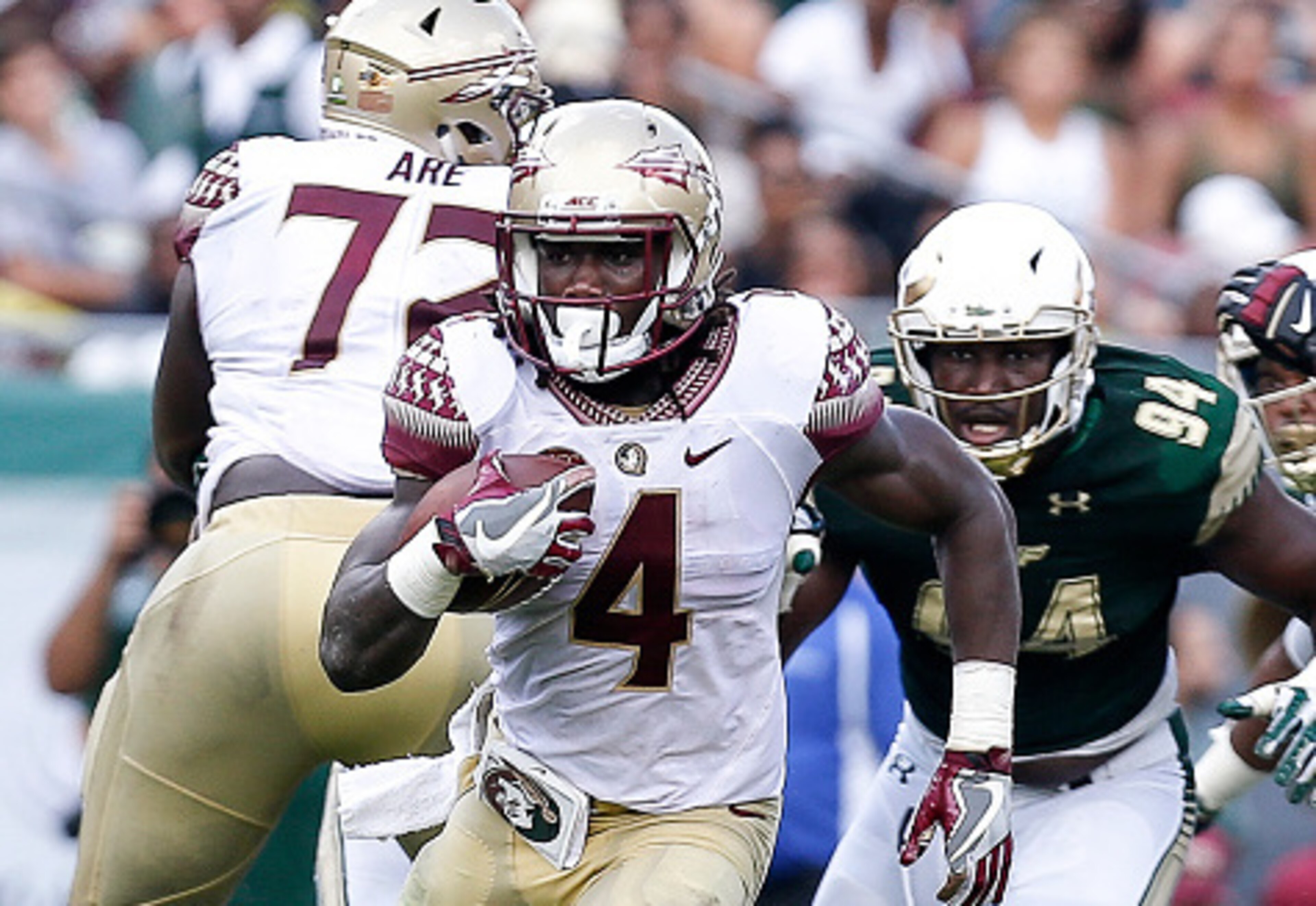 TAMPA, FL - SEPTEMBER 24: Runningback Dalvin Cook #4 of the Florida State Seminoles on a running play during the game against the South Florida Bulls at Raymond James Stadium on September 24, 2016 in Tampa, Florida. Florida State defeated South Florida 55