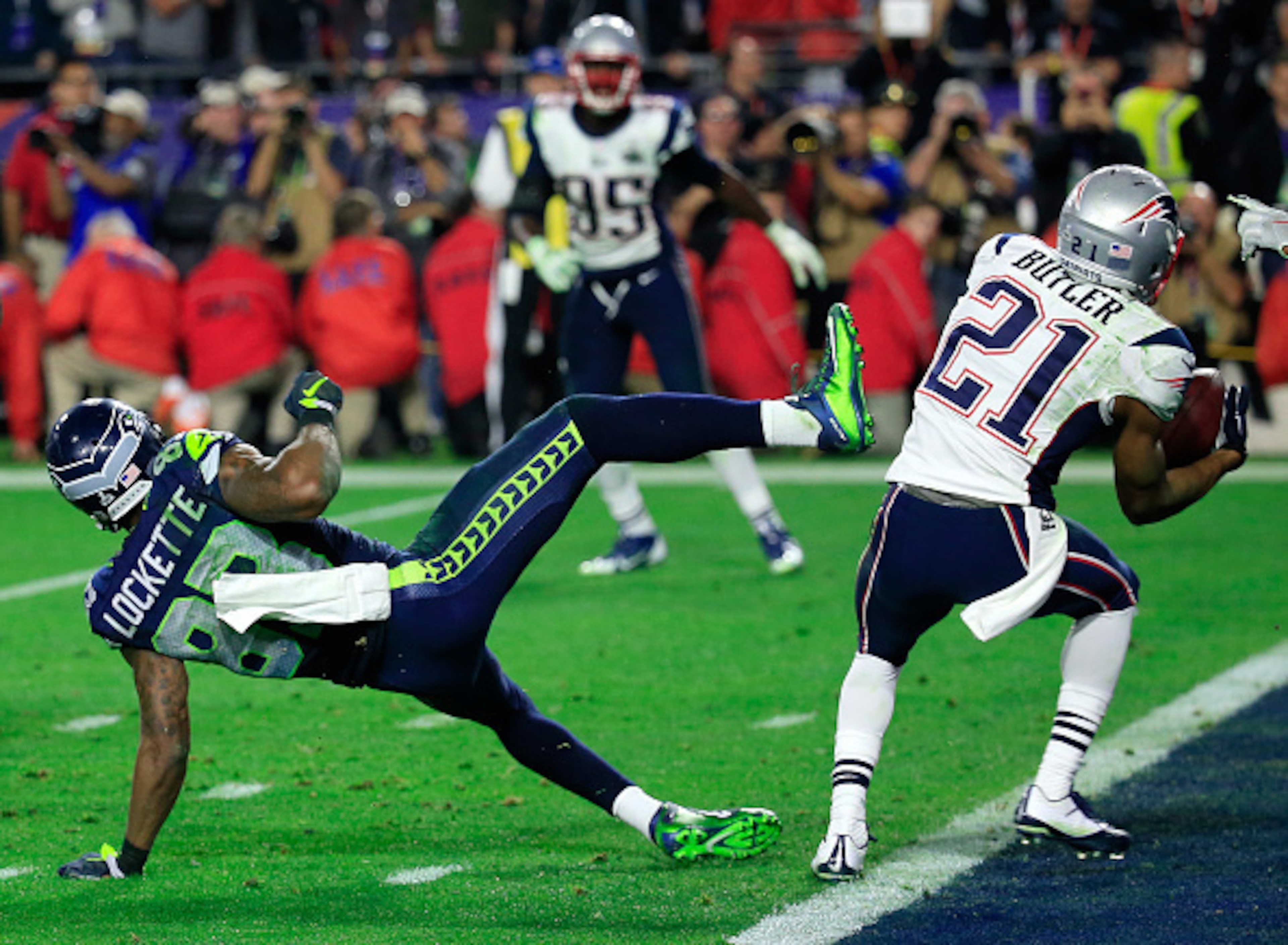 An interception by Patriots cornerback Malcolm Butler secured a victory for the Patriots in Super Bowl XLIX.