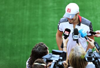 Romain Grosjean speaks to the media at the Singapore Grand Prix.