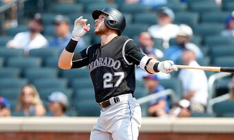 NEW YORK, NY - JULY 28:  Trevor Story #27 of the Colorado Rockies in action against the New York Mets at Citi Field on July 28, 2016 in the Flushing neighborhood of the Queens borough of New York City. The Rockies defeated the Mets 2-1.  (Photo by Jim McI