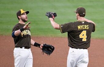 SAN DIEGO, CALIFORNIA - SEPTEMBER 23:  Wil Myers #4 of the San Diego Padres, right, and Ryan Schimpf #11 celebrate after beating the San Francisco Giants 7-2 in a baseball game at PETCO Park on September 23, 2016 in San Diego, California.  (Photo by Denis