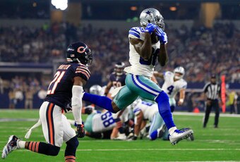 FILE - In this Sept. 25, 2016, file photo, Chicago Bears cornerback Tracy Porter (21) defends as Dallas Cowboys wide receiver Dez Bryant (88) catches a pass thrown by Dak Prescott (4) for a touchdown during the second half of an NFL football game in Arlin