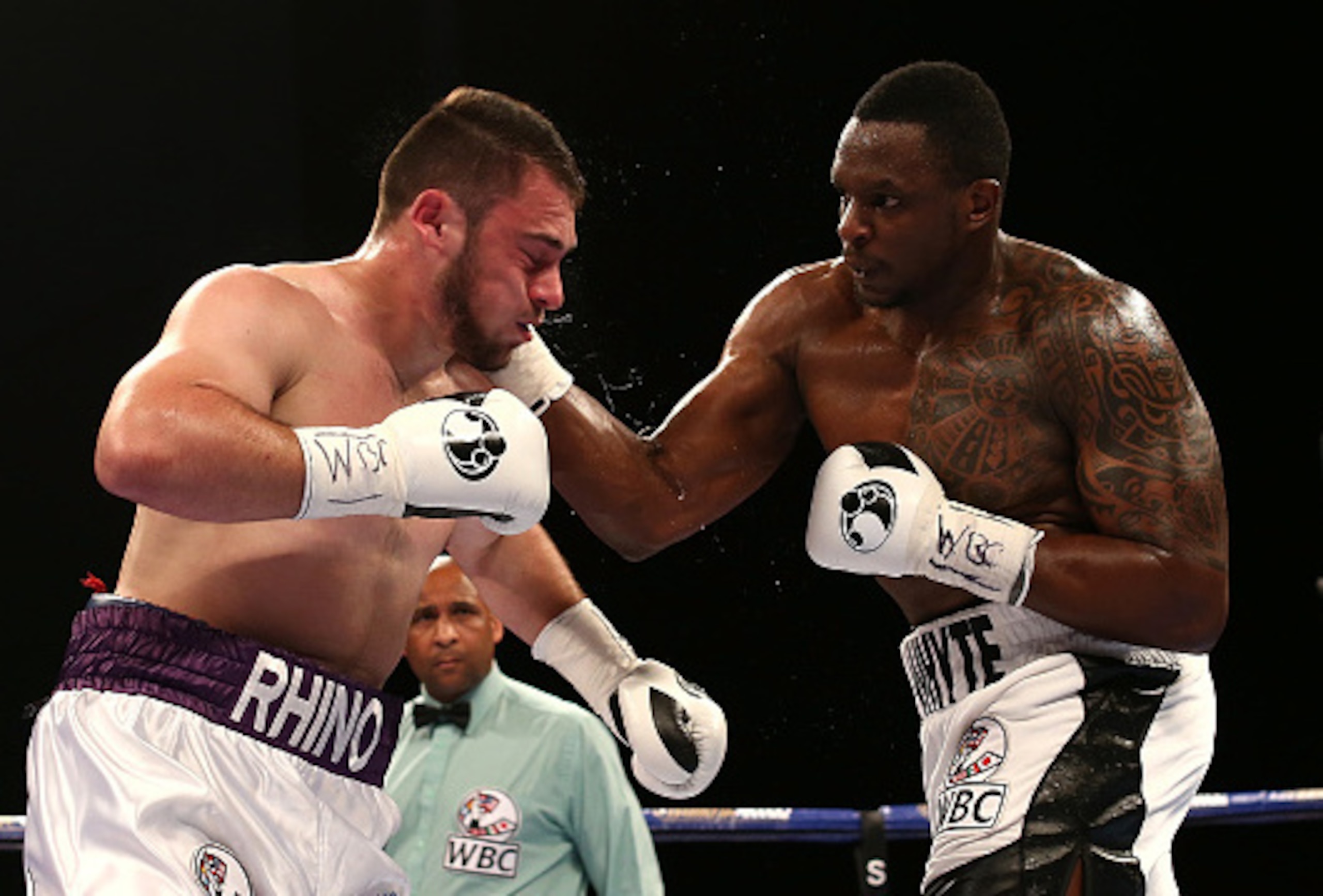 LEEDS, ENGLAND - JULY 30:  Dillian Whyte(R) in action against Dave Allen in their Vacant WBC International Heavyweight Championship fight at First Direct Arena on July 30, 2016 in Leeds, England.  (Photo by Jan Kruger/Getty Images)