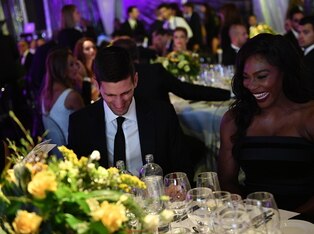 Novak Djokovic and Serena Williams joke at a benefit in Milan.