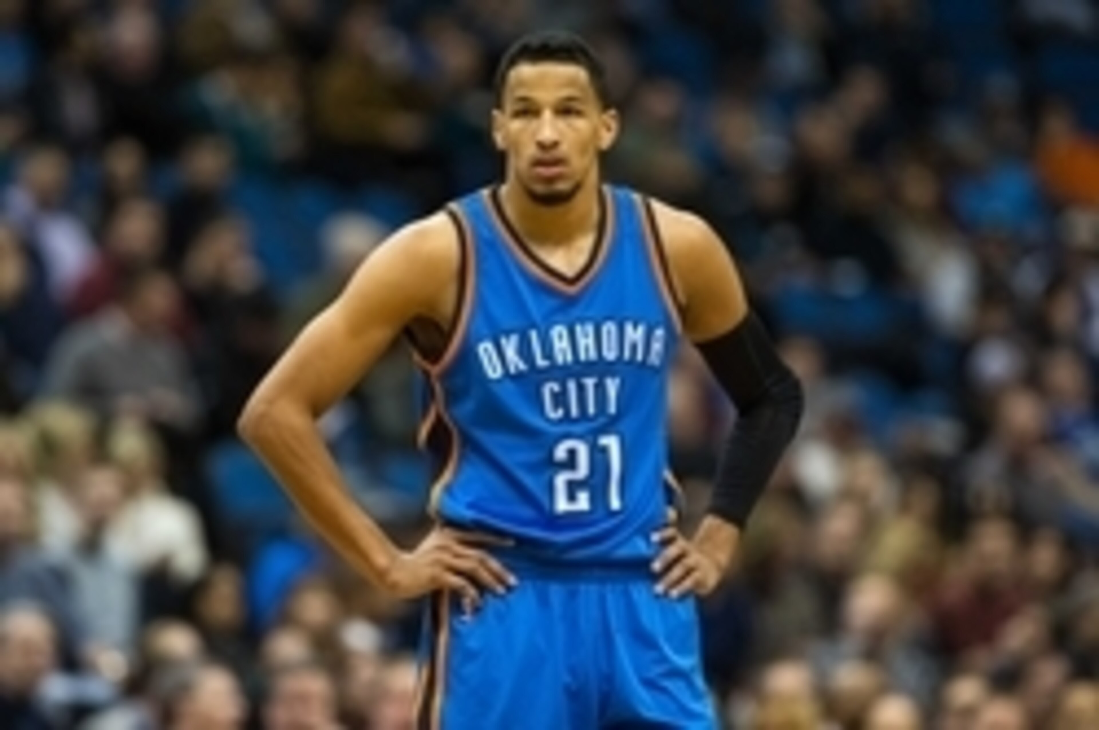 Jan 12, 2016; Minneapolis, MN, USA; Oklahoma City Thunder guard Andre Roberson (21) against the Minnesota Timberwolves at Target Center. The Thunder defeated the Timberwolves 101-96. Mandatory Credit: Brace Hemmelgarn-USA TODAY Sports