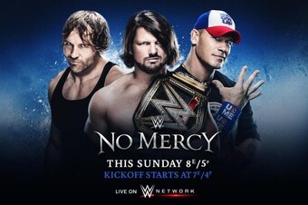 AJ Styles, Dean Ambrose and John Cena on the No Mercy poster.