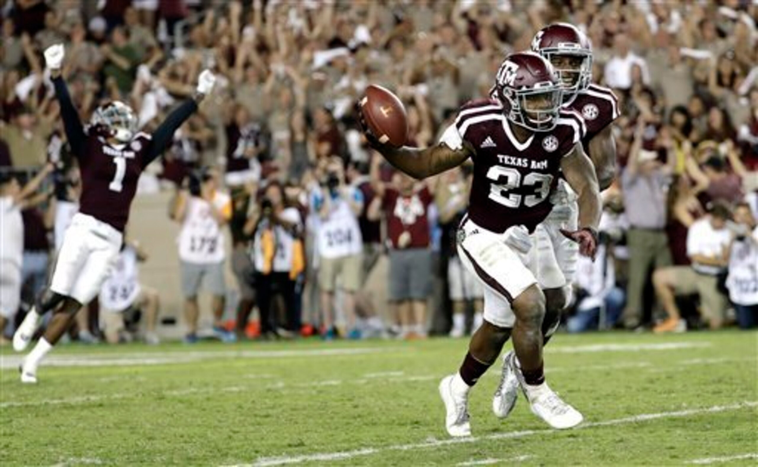 Texas A&M's Armani Watts (No. 23) after his game-winning interception against Tennessee.