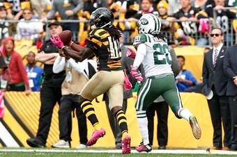 Pittsburgh Steelers wide receiver Sammie Coates (14) hauls in a pass from quarterback Ben Roethlisberger for a touchdown with New York Jets cornerback Marcus Williams (20) defending during the first half of an NFL football game in Pittsburgh, Sunday, Oct.