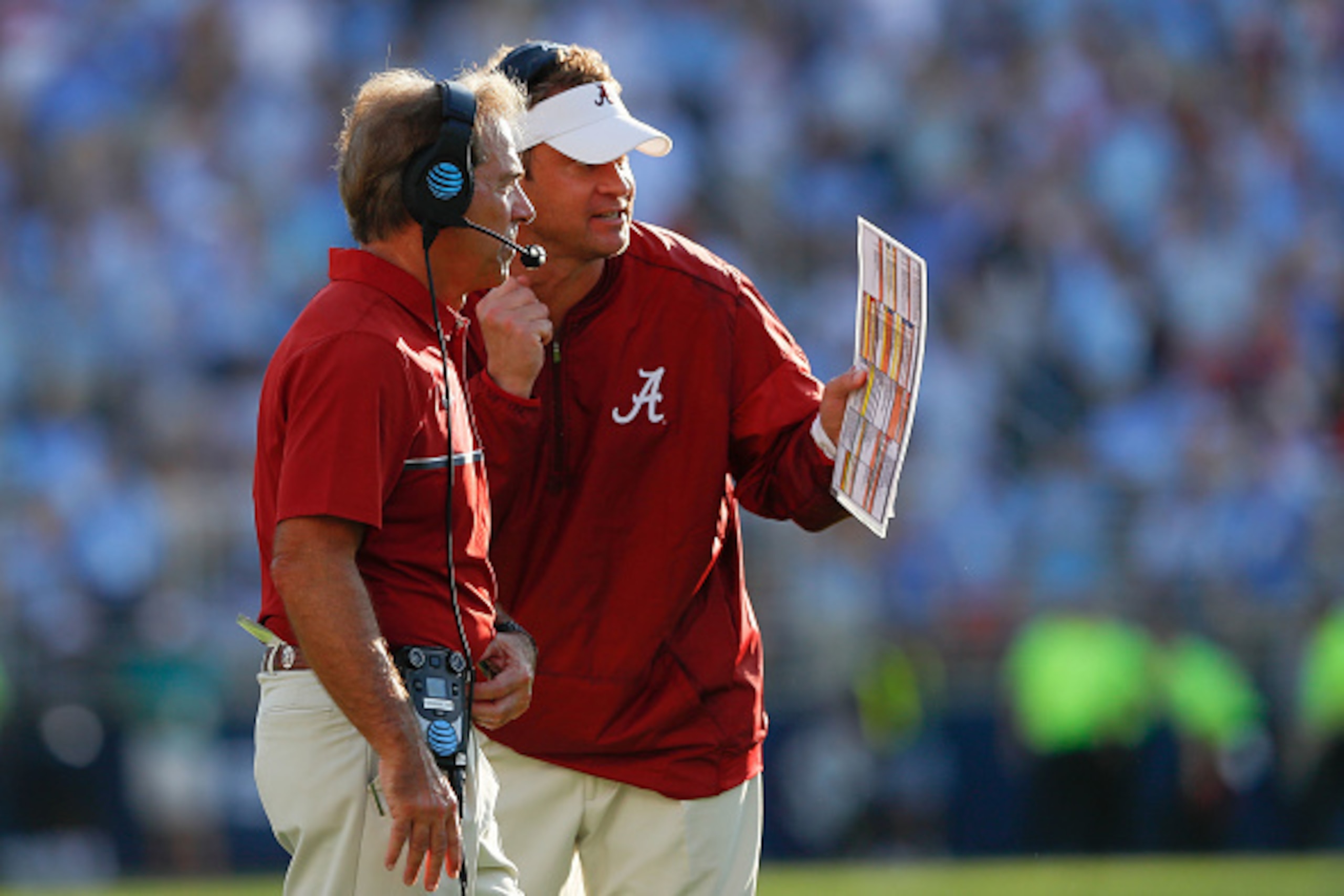 Nick Saban, left, and Alabama offensive coordinator Lane Kiffin continue to assemble rare depth on offense.