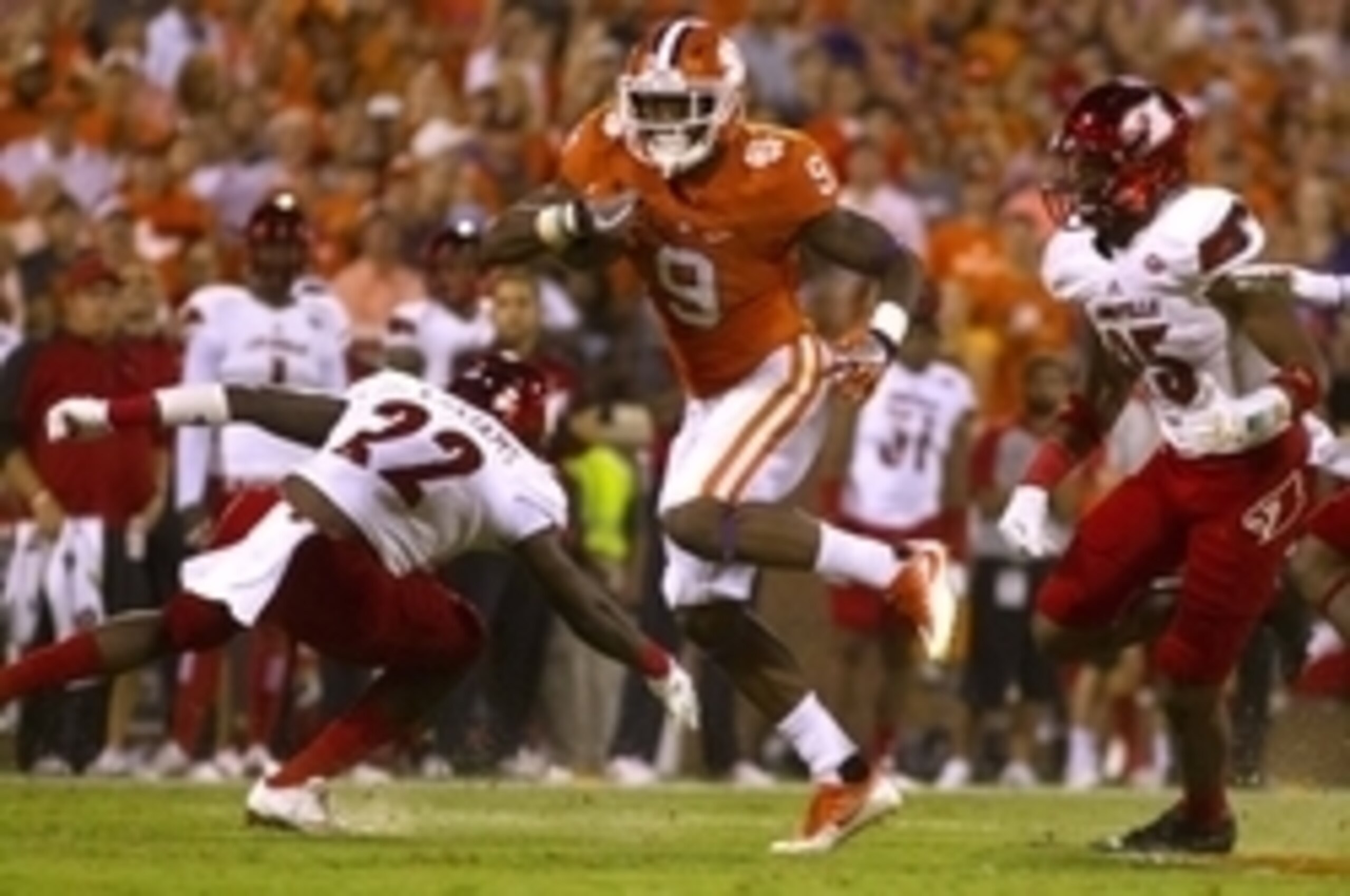 Oct 1, 2016; Clemson, SC, USA; Clemson Tigers running back Wayne Gallman (9) carries the ball during the second quarter against the Louisville Cardinals at Clemson Memorial Stadium. Mandatory Credit: Joshua S. Kelly-USA TODAY Sports