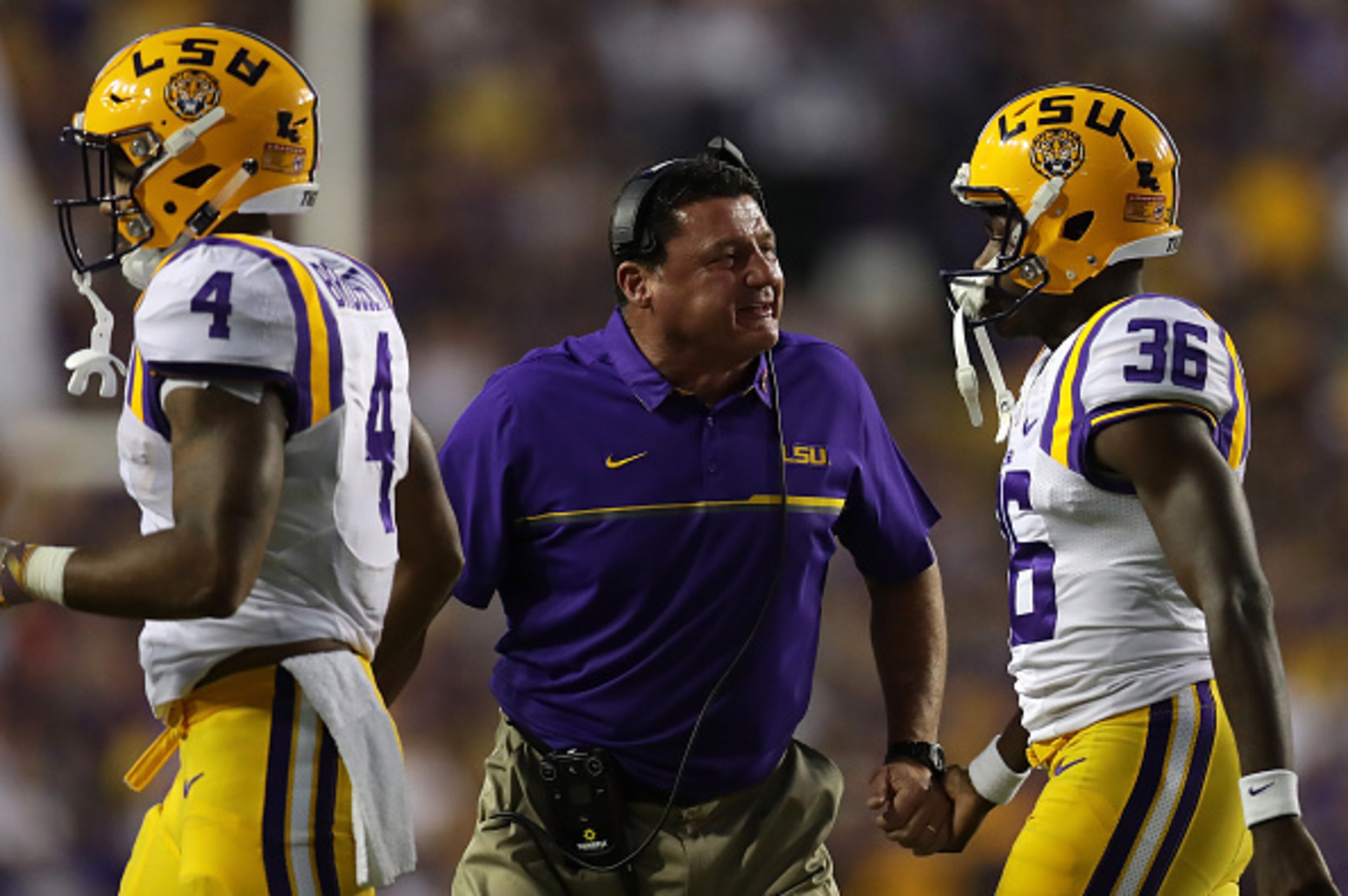 BATON ROUGE, LA - OCTOBER 01: Head coach Ed Orgeron of the LSU Tigers talks with players during the game against the Missouri Tigers at Tiger Stadium on October 1, 2016 in Baton Rouge, Louisiana. (Photo by Chris Graythen/Getty Images) BATON ROUGE, LA - OCTOBER 01: Head coach Ed Orgeron of the LSU Tigers talks with players during the game against the Missouri Tigers at Tiger Stadium on October 1, 2016 in Baton Rouge, Louisiana. (Photo by Chris Graythen/Getty Images)