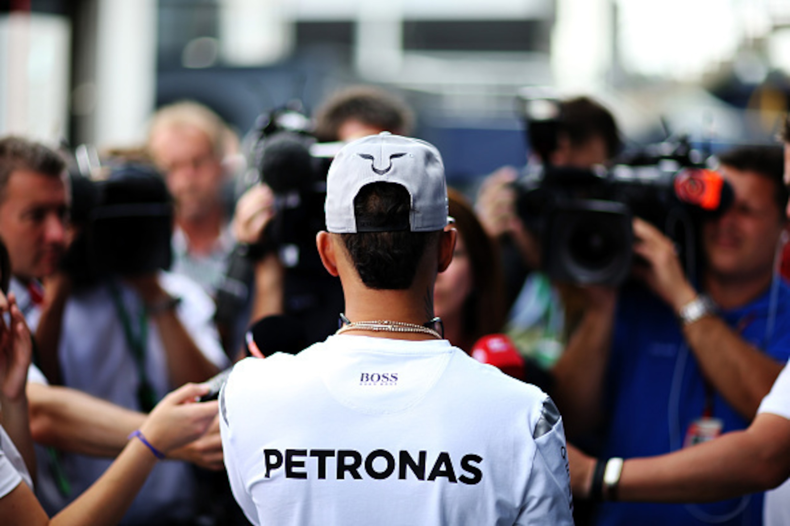 Lewis Hamilton faces the media at the 2016 German Grand Prix.