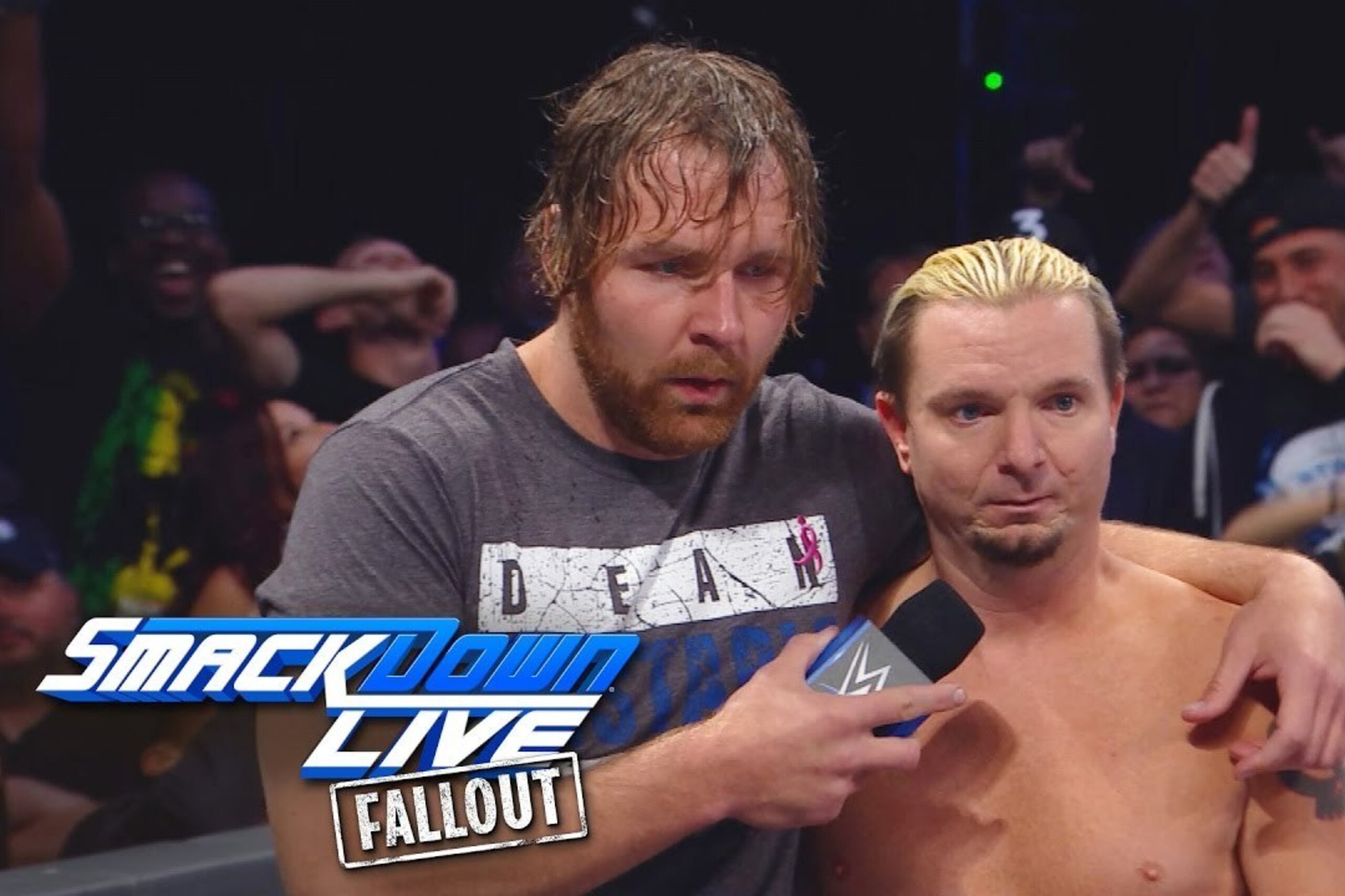 Dean Ambrose talking with James Ellsworth before his WWE title match. Dean Ambrose talking with James Ellsworth before his WWE title match.