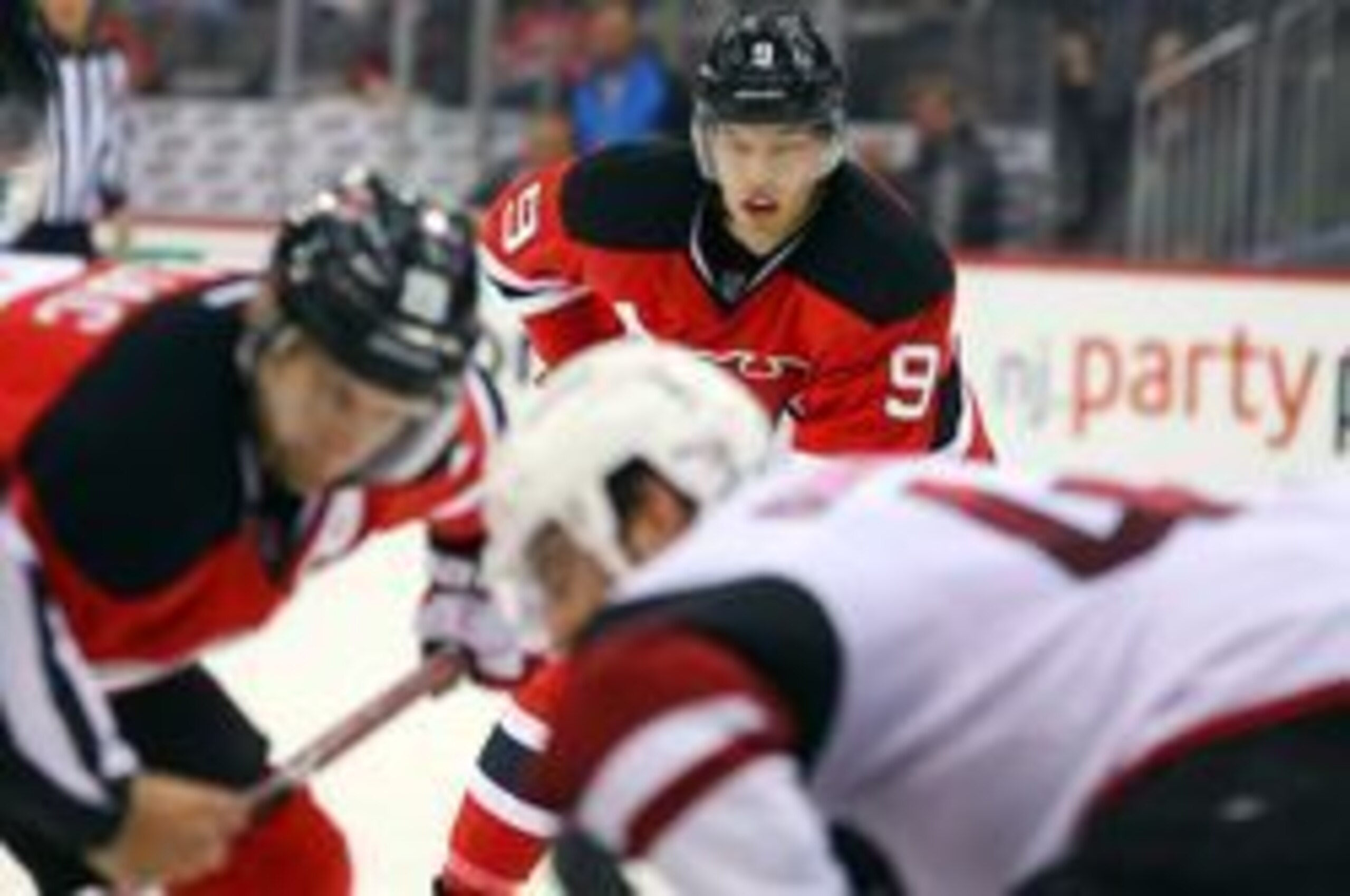 Oct 25, 2016; Newark, NJ, USA; New Jersey Devils left wing Taylor Hall (9) watches the face off during the second period of their game against Arizona Coyotes at Prudential Center. Mandatory Credit: Ed Mulholland-USA TODAY Sports