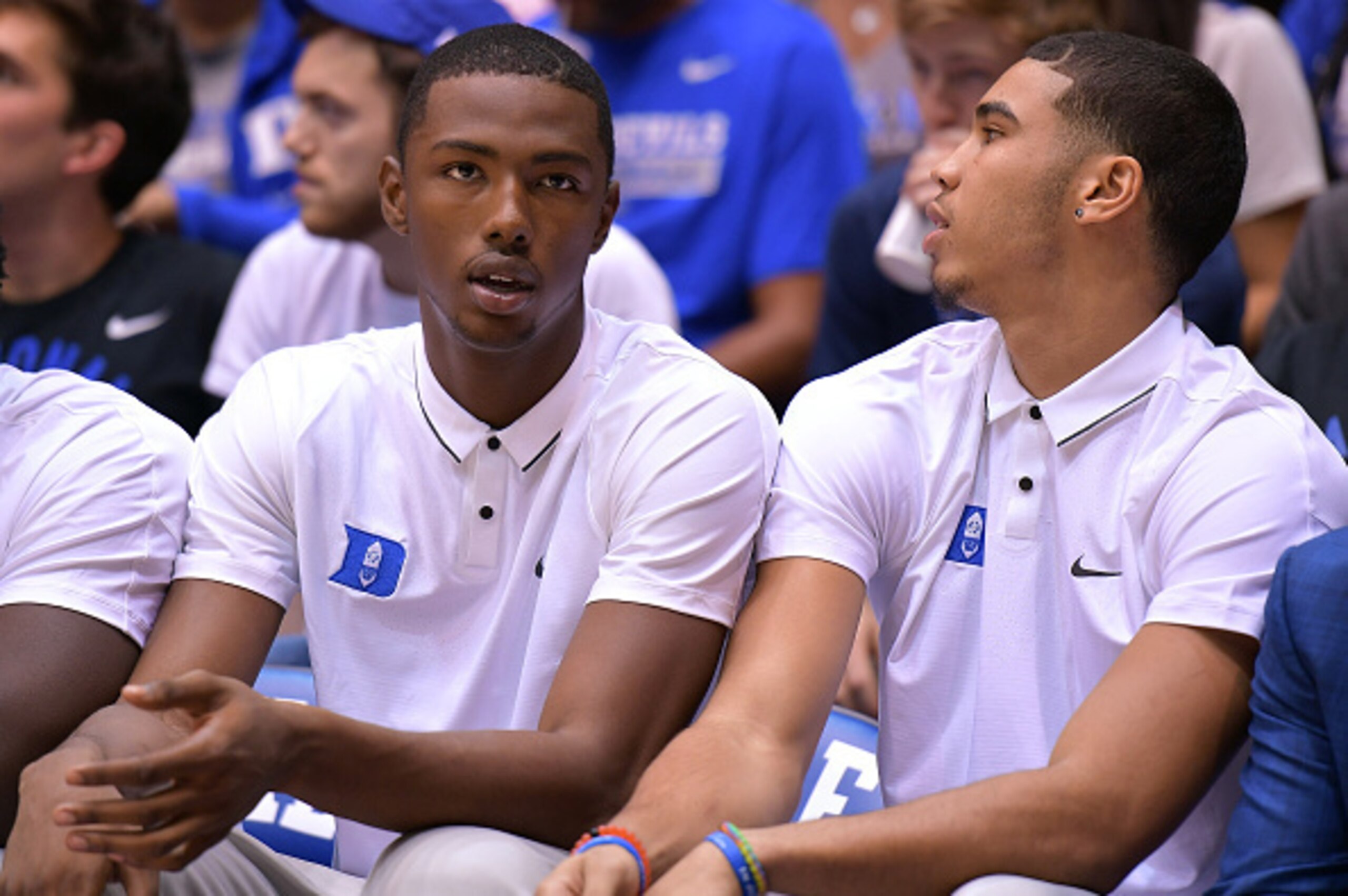 Duke freshmen Harry Giles (left) and Jayson Tatum missed Duke's exhibition opener because of injuries.