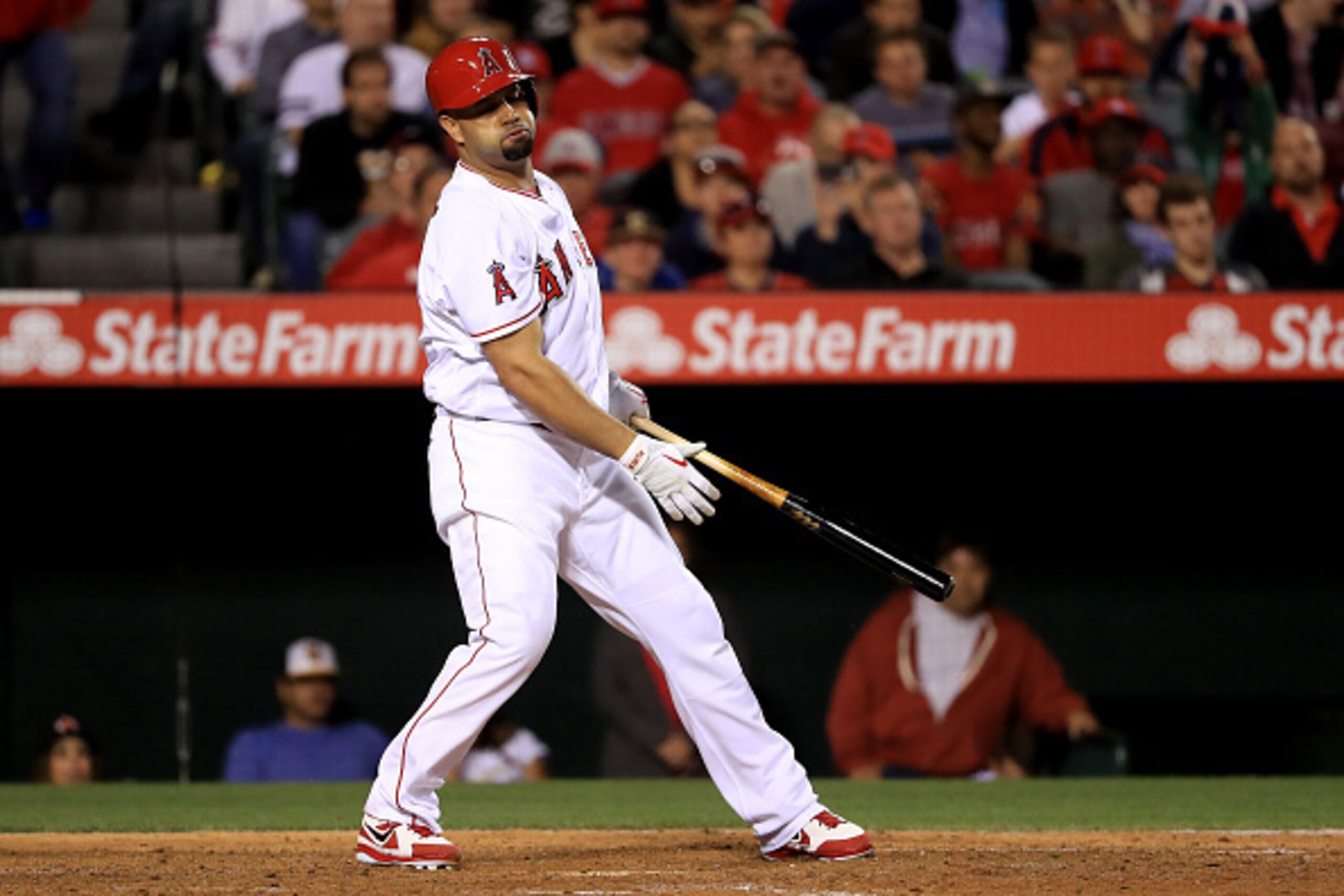 ANAHEIM, CA - MAY 12:  Albert Pujols #5 of the Los Angeles Angels of Anaheim strikes out during the fifth inning of a baseball game between the Los Angeles Angels of Anaheim and the St. Louis Cardinals at Angel Stadium of Anaheim on May 12, 2016 in Anahei
