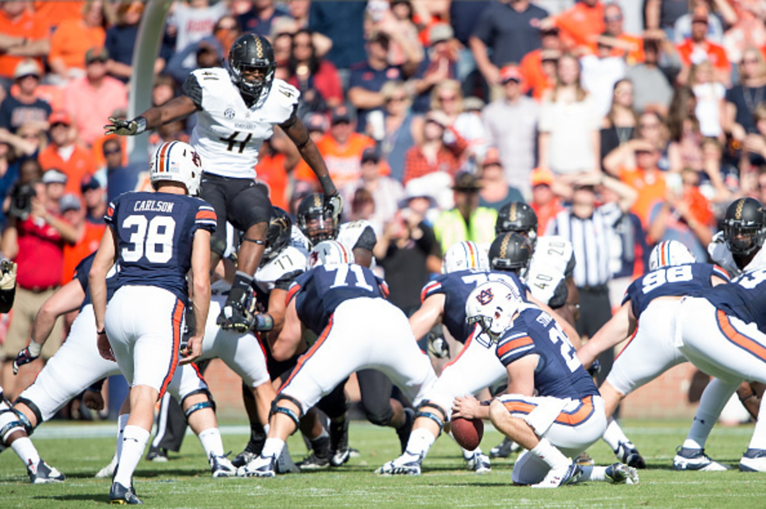 Vanderbilt's Zach Cunningham (No. 41) leaps to block an Auburn field goal.
