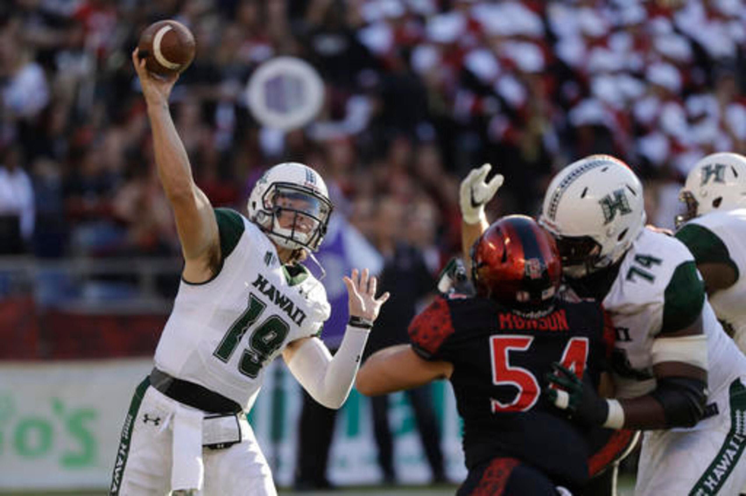 Hawaii's Dru Brown threw for two touchdowns in a 55-0 loss to San Diego State. Obviously, he threw both of those touchdowns to the defense.