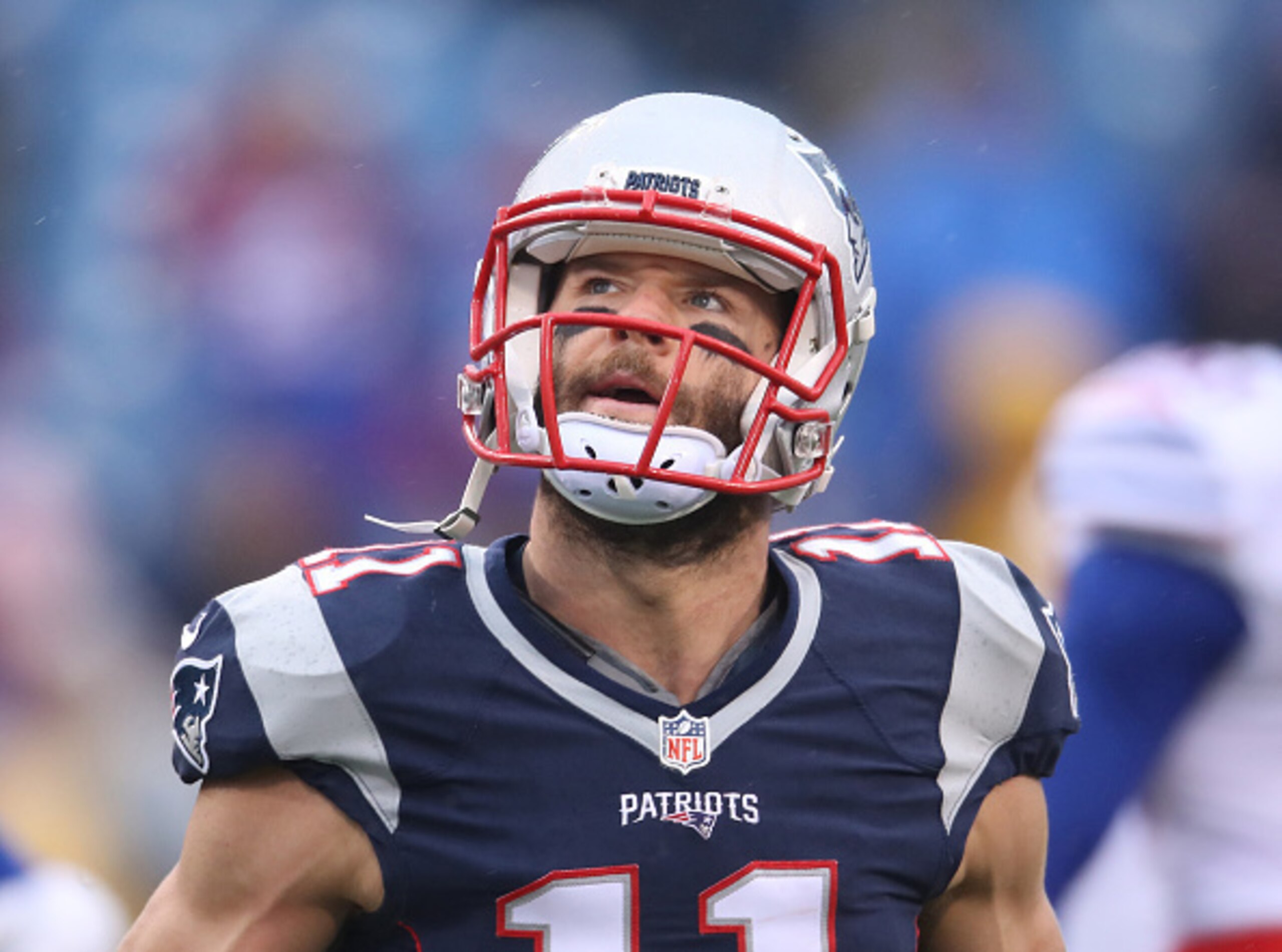ORCHARD PARK, NY - OCTOBER 30: Julian Edelman #11 of the New England Patriots warms up before the start of NFL game action against the Buffalo Bills at New Era Field on October 30, 2016 in Orchard Park, New York. (Photo by Tom Szczerbowski/Getty Images)