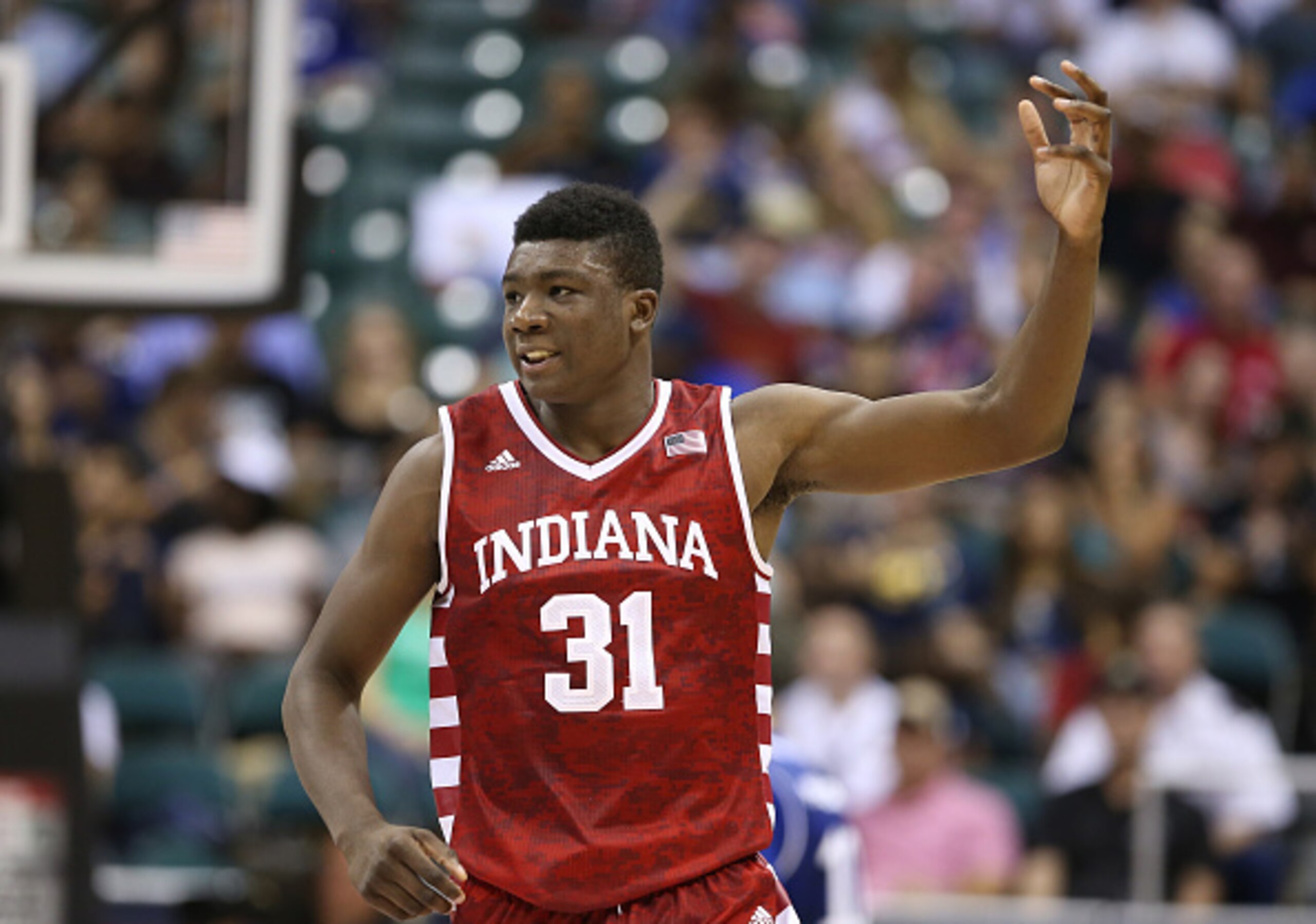 HONOLULU, HI - NOVEMBER 11: Thomas Bryant #31 of the Indiana Hoosiers gestures to the crowd after scoring during the first half of the second game of the Armed Forces Classic at the Stan Sheriff Center on November 11, 2016 in Honolulu, Hawaii. (Photo by D