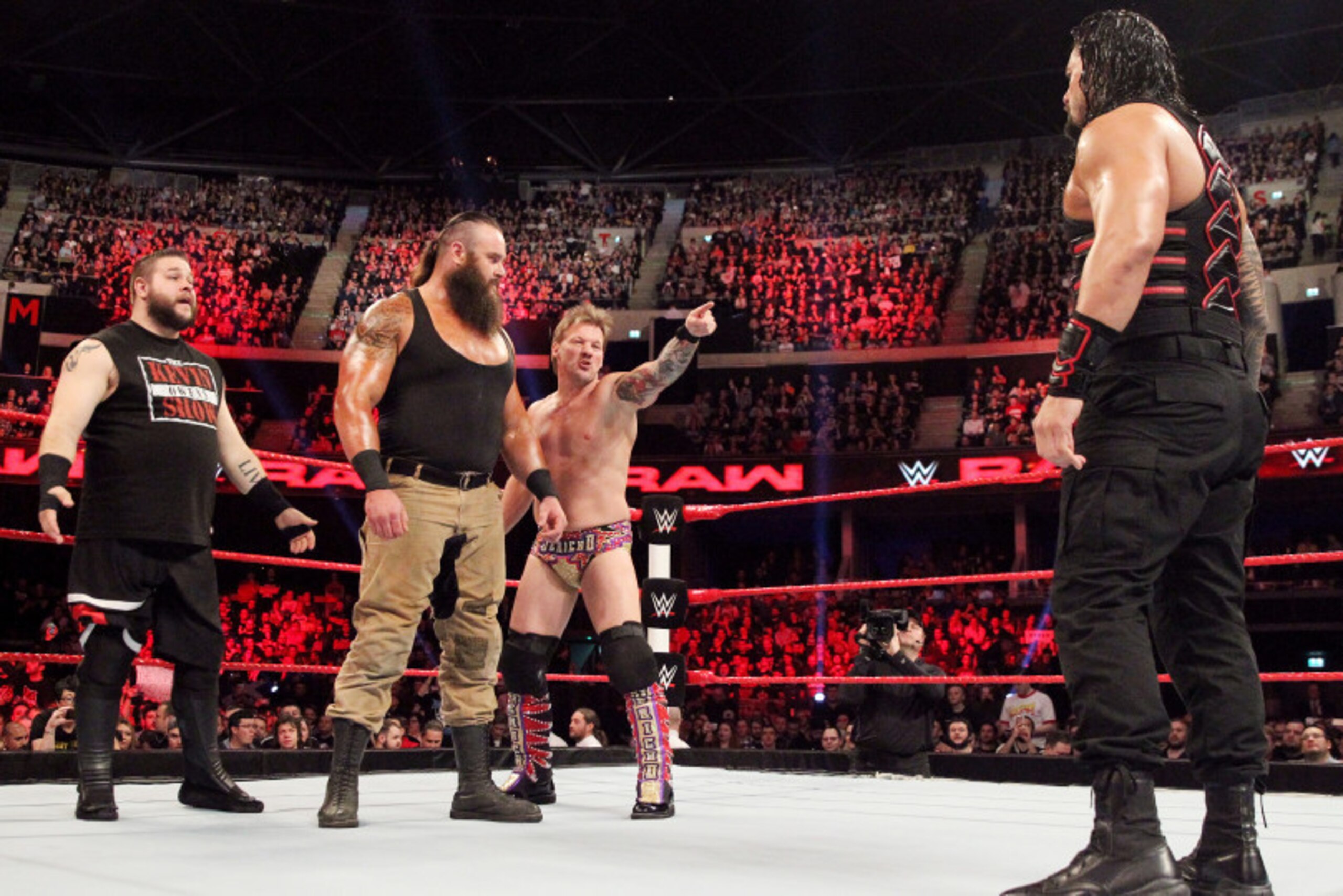 Chris Jericho and Kevin Owens try to sic Braun Strowman on Roman Reigns. Chris Jericho and Kevin Owens try to sic Braun Strowman on Roman Reigns.