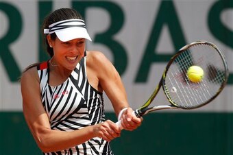 Ana Ivanovic hits a forehand during a match at the 2016 French Open.
