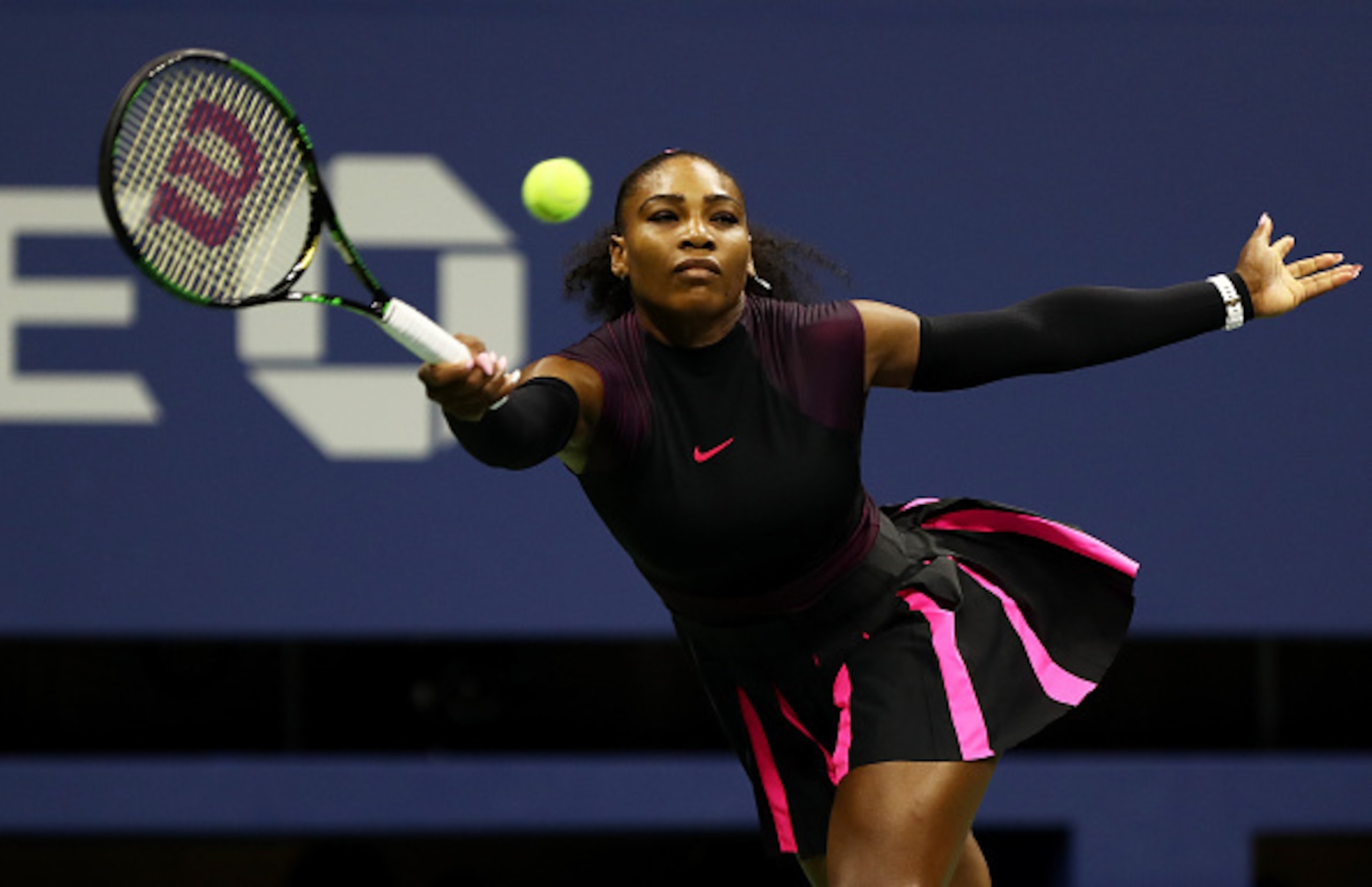 Serena Williams hits a forehand during the semifinals match at the 2016 U.S. Open.