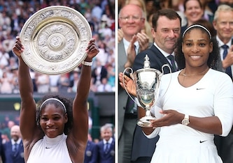 Serena Williams poses with the singles and doubles championship trophies at Wimbledon 2016.