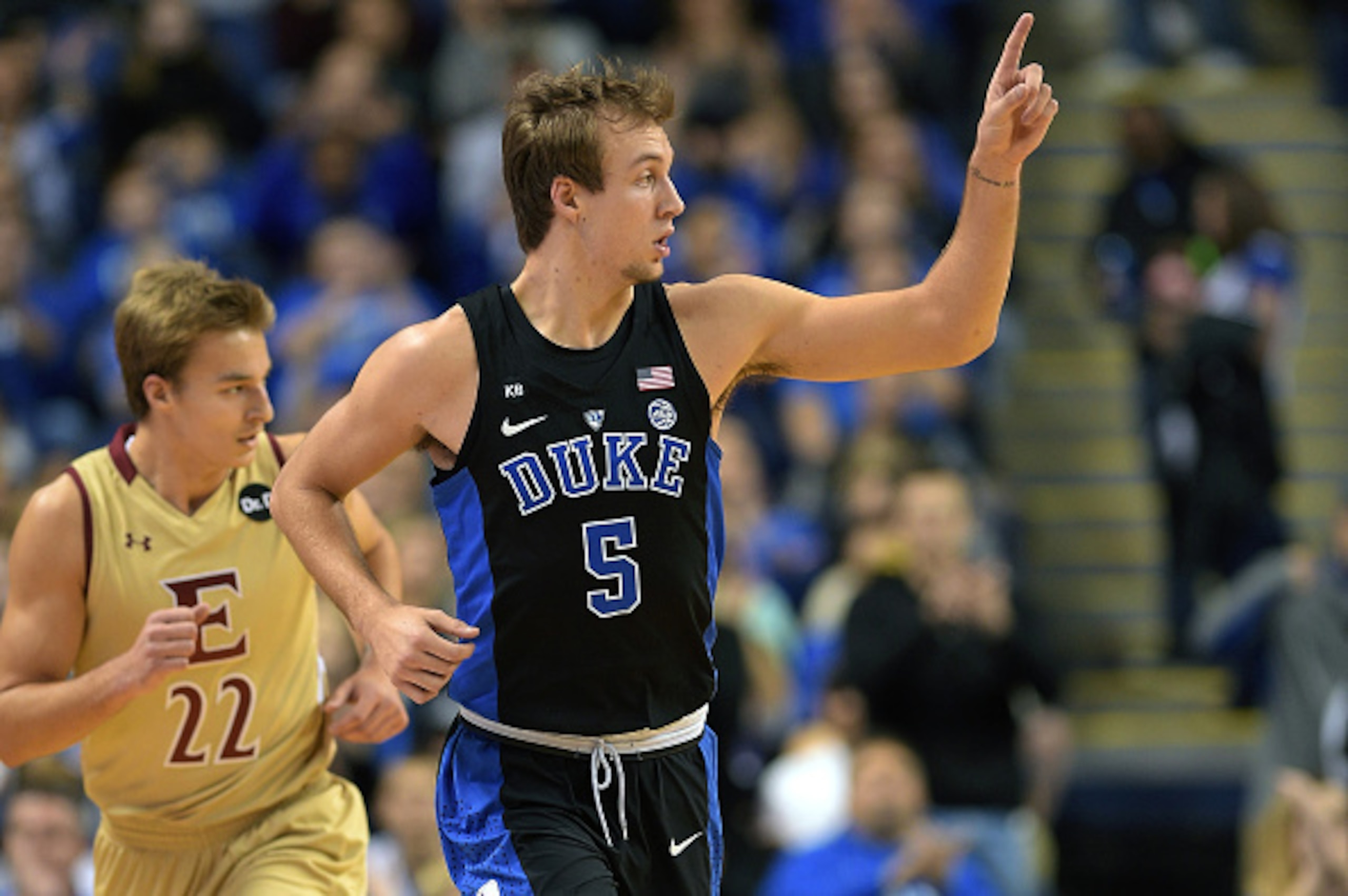 GREENSBORO, NC - DECEMBER 21: Luke Kennard #5 of the Duke Blue Devils reacts following a basket against the Elon Phoenix at the Greensboro Coliseum on December 21, 2016 in Greensboro, North Carolina. (Photo by Lance King/Getty Images) GREENSBORO, NC - DECEMBER 21: Luke Kennard #5 of the Duke Blue Devils reacts following a basket against the Elon Phoenix at the Greensboro Coliseum on December 21, 2016 in Greensboro, North Carolina. (Photo by Lance King/Getty Images)