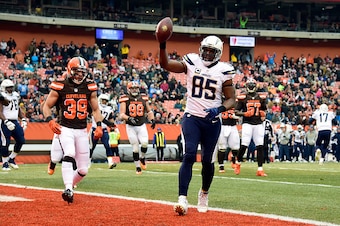 CLEVELAND, OH - DECEMBER 24:  Antonio Gates #85 of the San Diego Chargers celebrates after catching a 1 yard touchdown pass in the first quarter against Ed Reynolds #39 of the Cleveland Browns at FirstEnergy Stadium on December 24, 2016 in Cleveland, Ohio