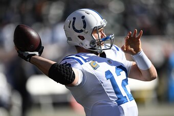 OAKLAND, CA - DECEMBER 24:  Andrew Luck #12 of the Indianapolis Colts warms up prior to their NFL game at Oakland Alameda Coliseum against the Oakland Raiders on December 24, 2016 in Oakland, California.  (Photo by Thearon W. Henderson/Getty Images)