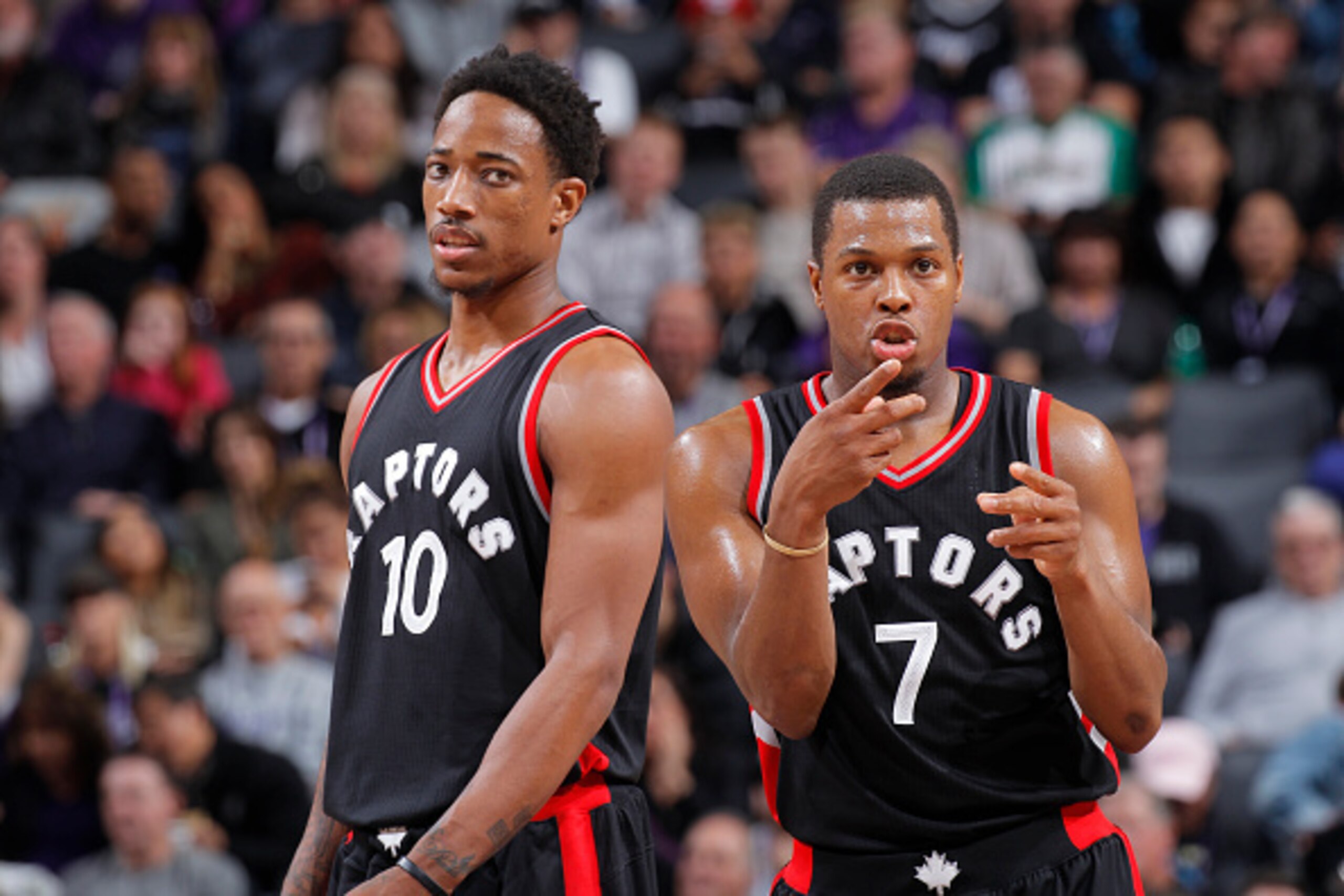 SACRAMENTO, CA - NOVEMBER 20: DeMar DeRozan #10 and Kyle Lowry #7 of the Toronto Raptors look on during the game against the Sacramento Kings on November 20, 2016 at Golden 1 Center in Sacramento, California. NOTE TO USER: User expressly acknowledges and 