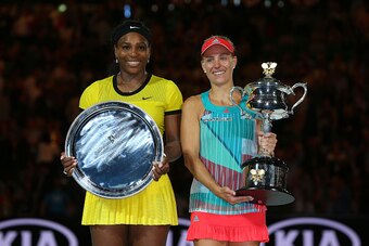 Serena Williams and Angelique Kerber during the 2016 Australian Open trophy ceremony.