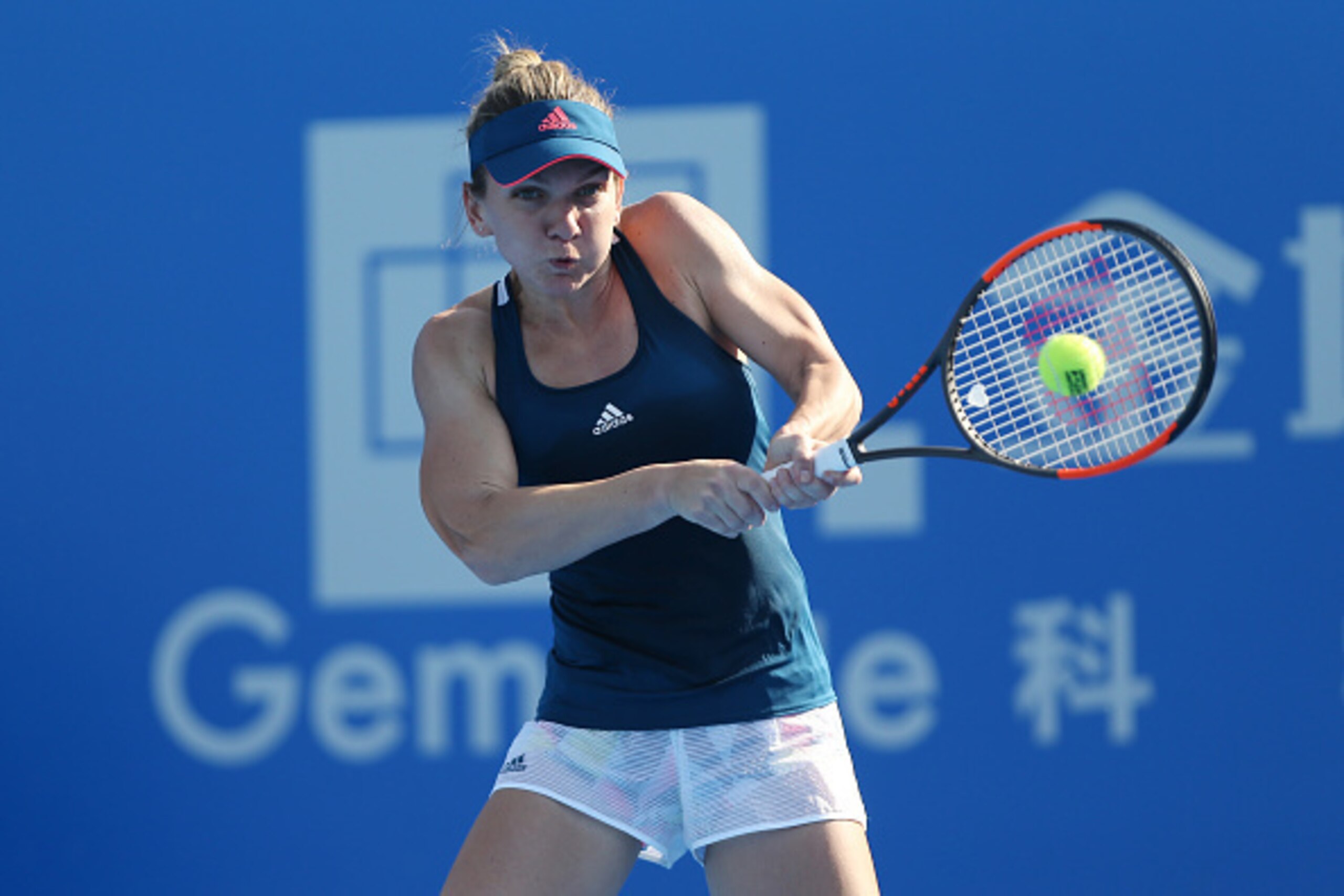 Simona Halep hits a backhand during a match at the 2017 Shenzhen Open.